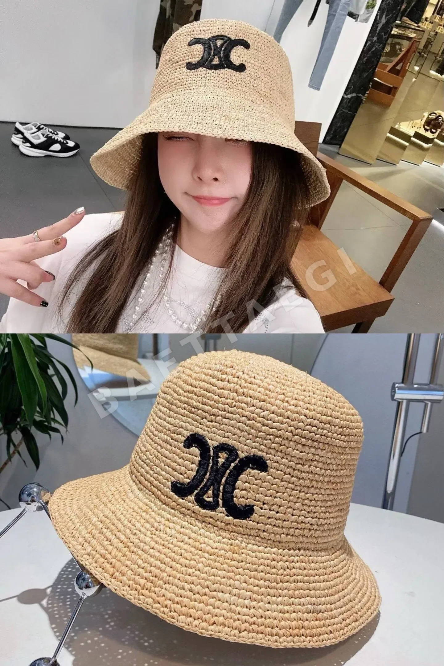 셀린느 개선문 자수 라피아 버킷 햇 상세 이미지 7