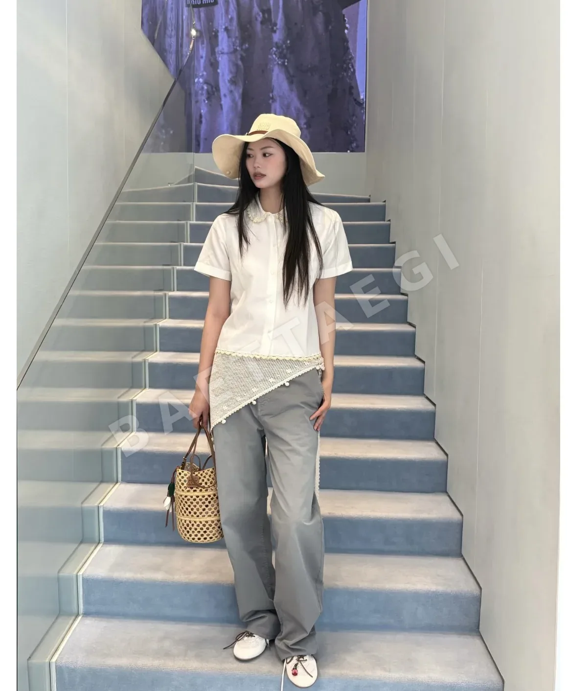 미우미우 피터팬 카라 레이스 트림 반팔 티셔츠 상세 이미지 2