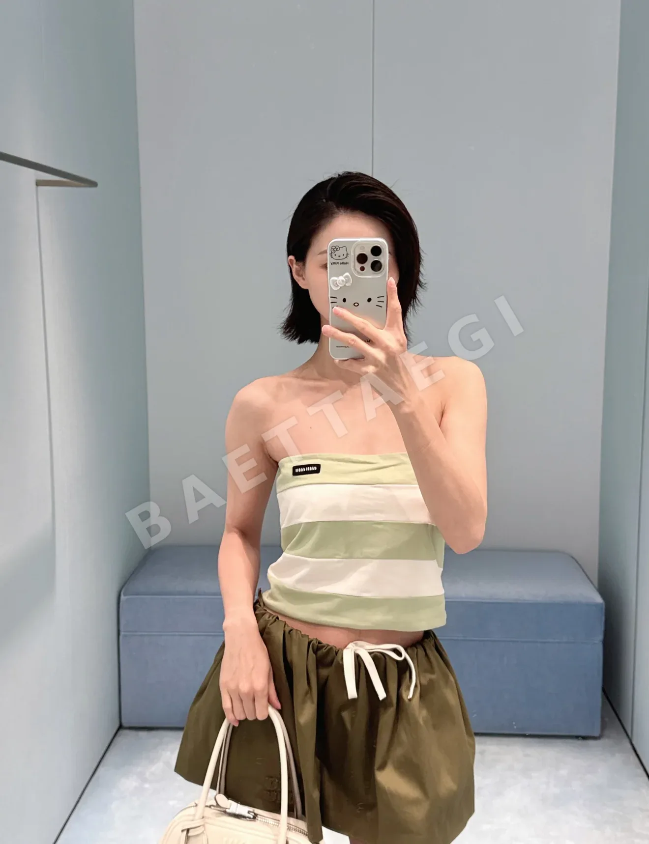 미우미우 스트라이프 밴듀 반팔 탑 상세 이미지 8