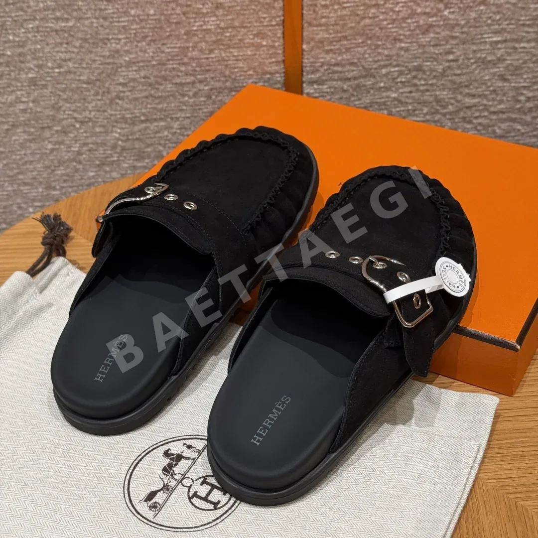 에르메스 키 뮬 샌들 검정 가죽 실버 하드웨어 상세 이미지 5