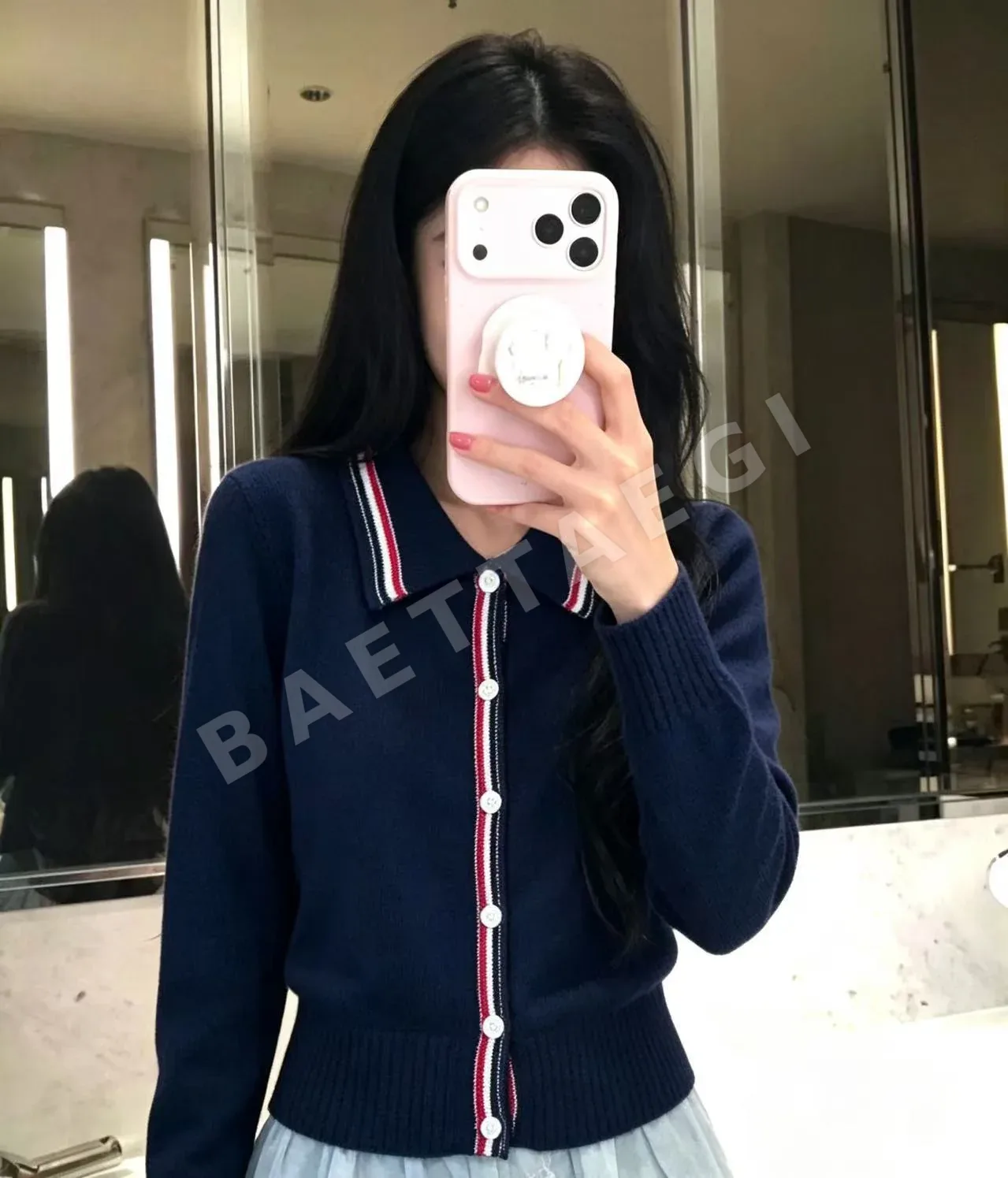 톰브라운 닥스훈트 무늬 폴로카라 여성 가디건 상세 이미지 2