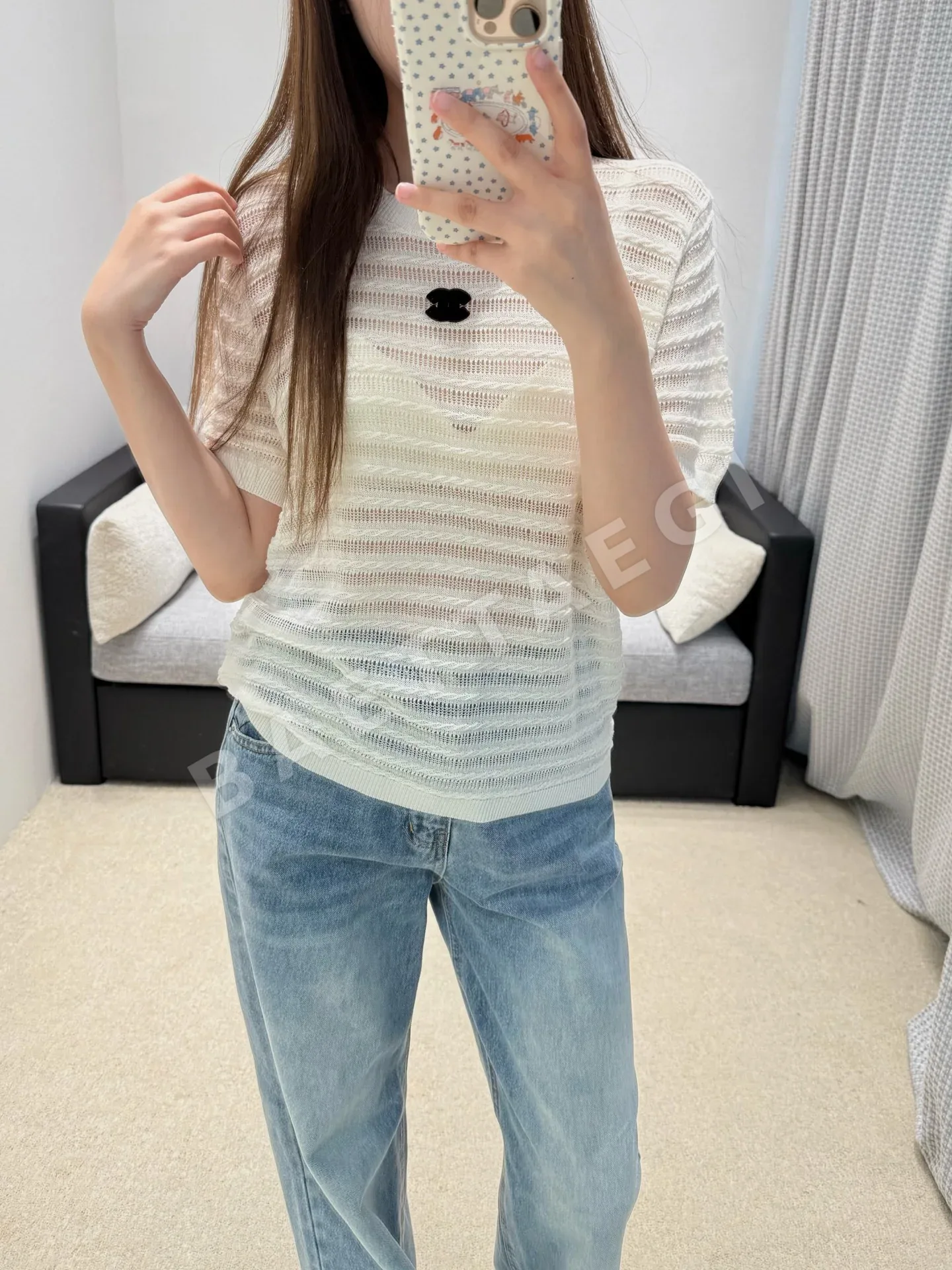 샤넬 시스루 웨이브 케이블 니트 반팔 티셔츠 상세 이미지 8
