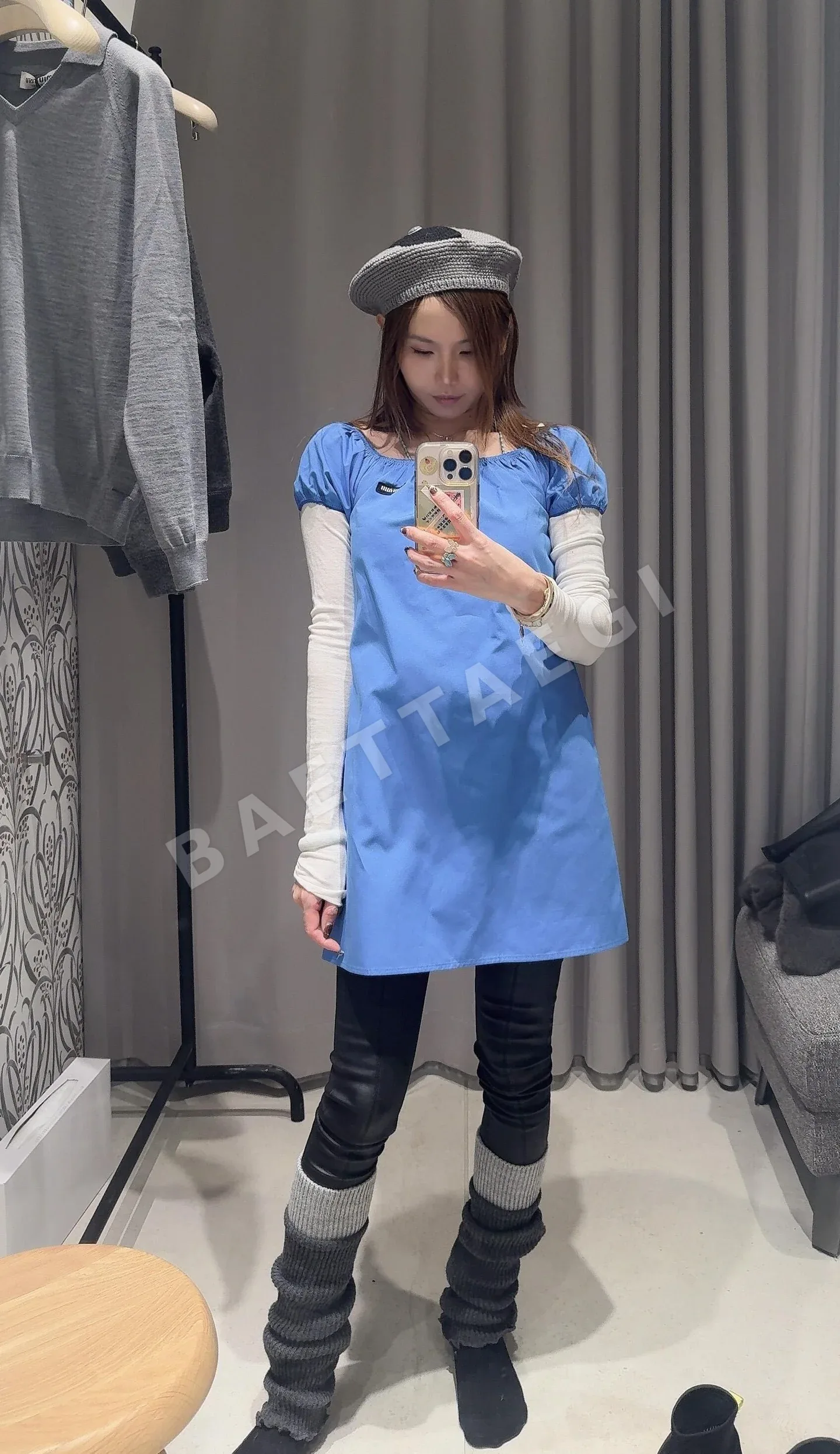 미우미우 스카이 블루 퍼프 슬리브 원피스 상세 이미지 9