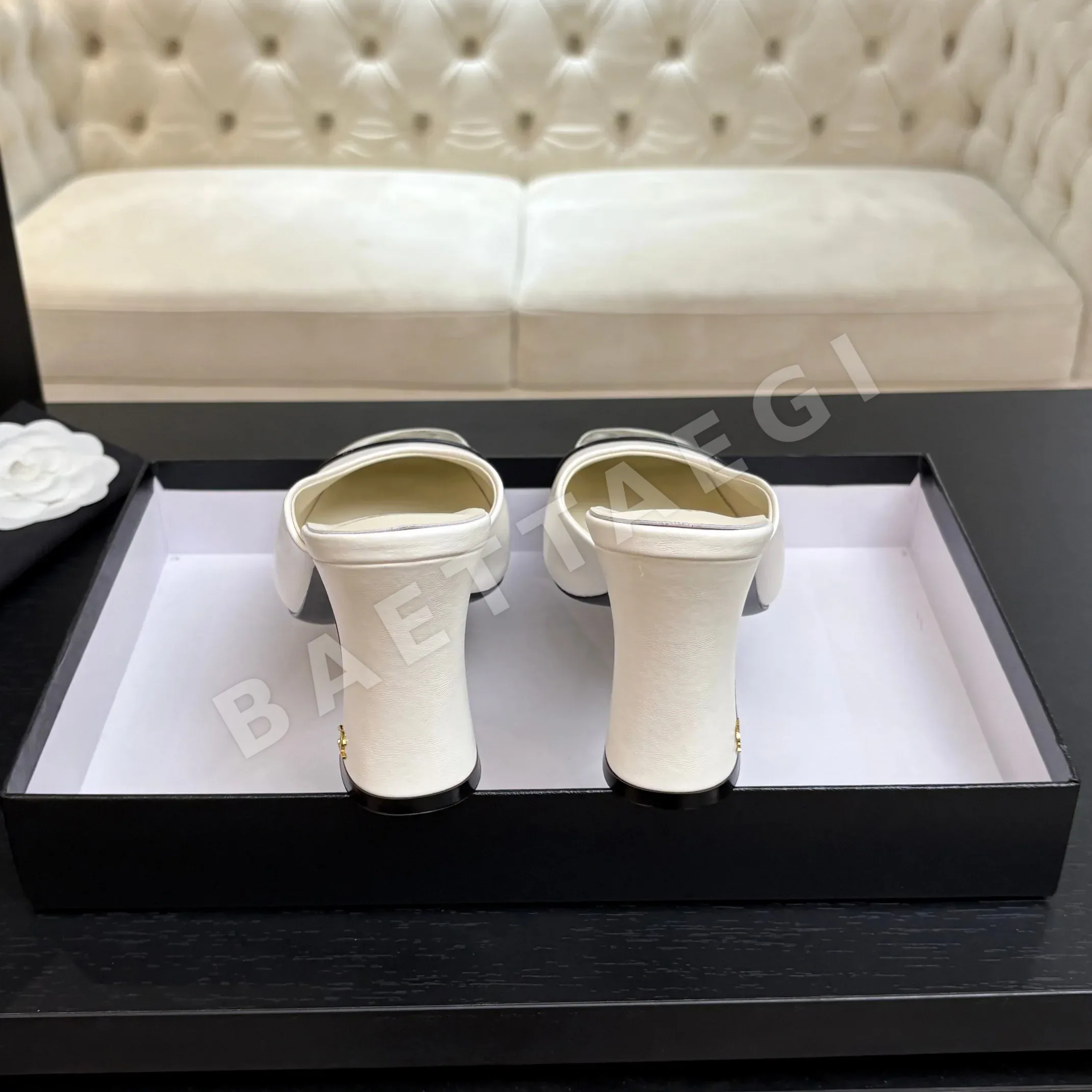 샤넬 더블 C 로고 스퀘어 토 컬러 블록 하이힐 샌들 상세 이미지 8