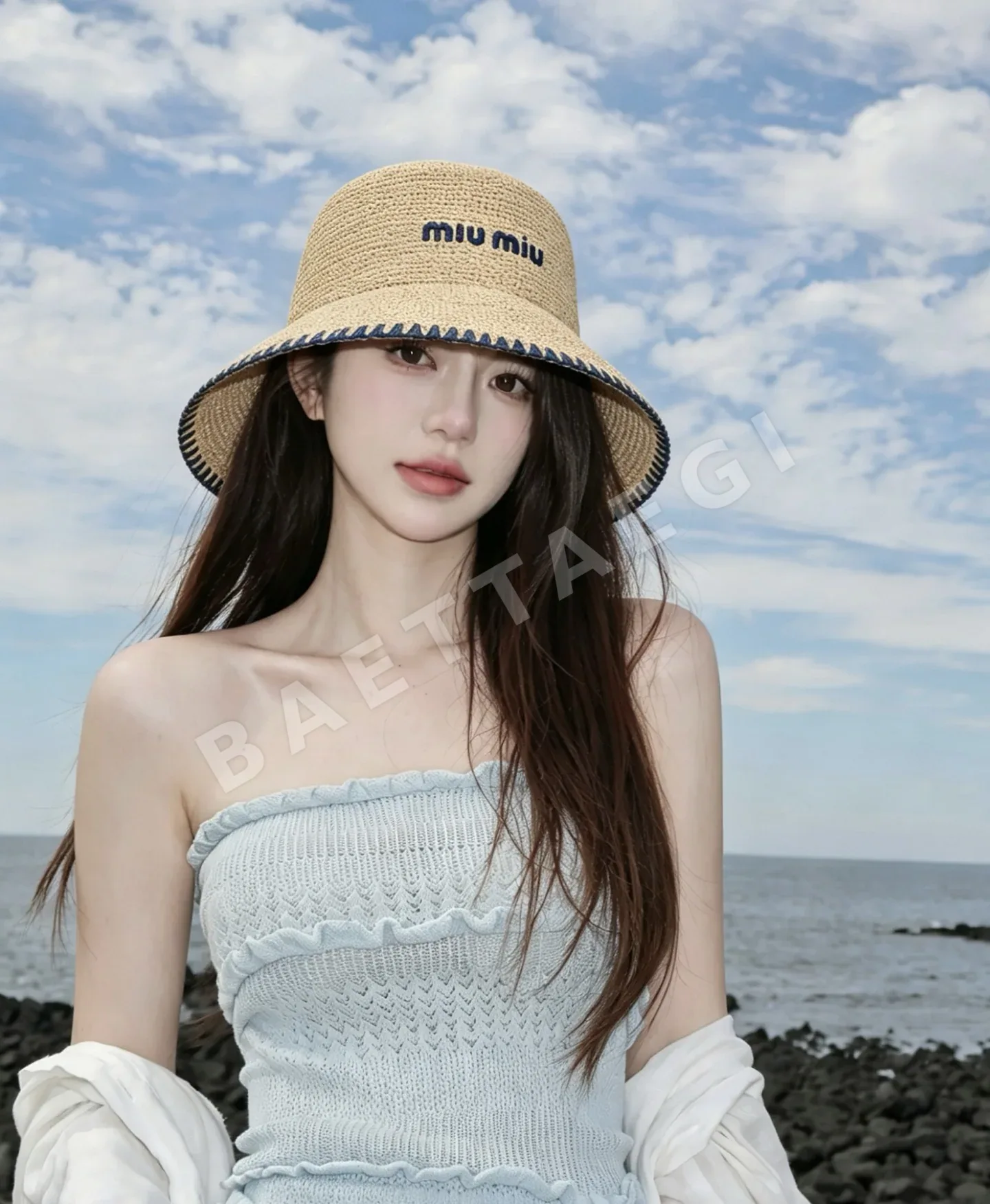 미우미우 라피아 자수 로고 밀짚 모자 119969