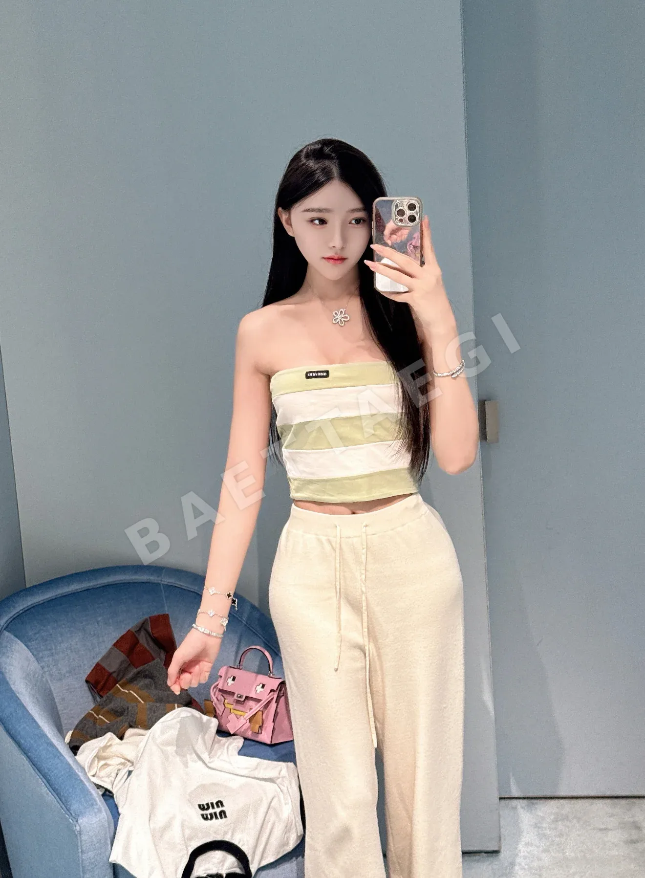 미우미우 스트라이프 밴듀 반팔 탑 상세 이미지 1