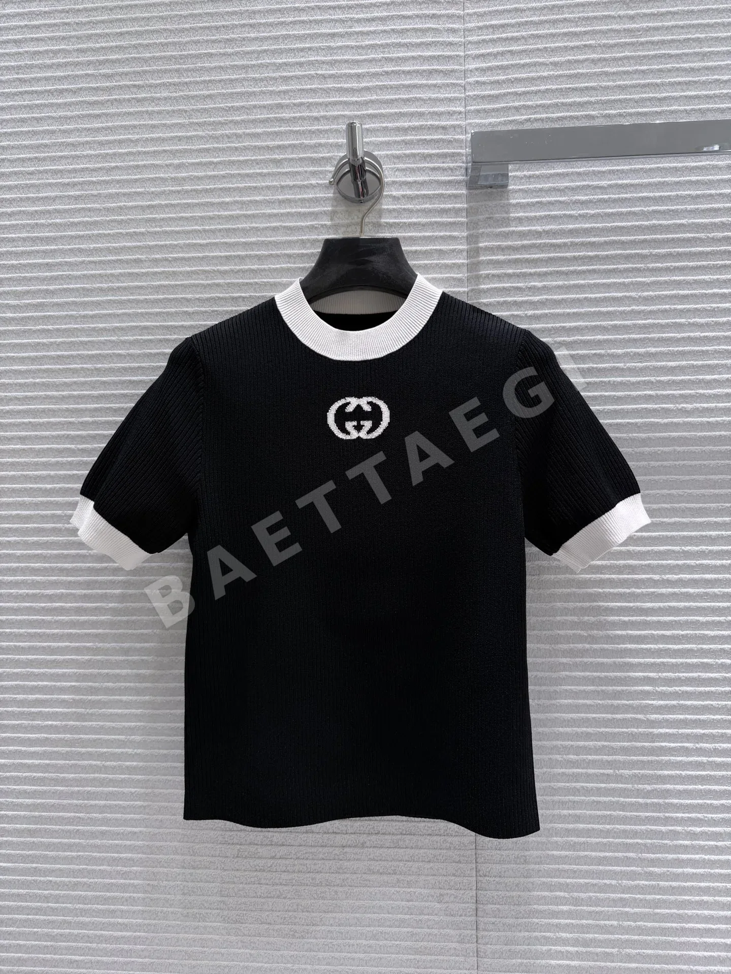 구찌 더블 G 로고 블랙 니트 반팔 탑 상세 이미지 1