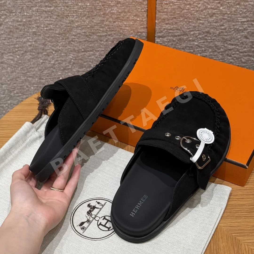 에르메스 키 뮬 샌들 검정 가죽 실버 하드웨어 상세 이미지 6