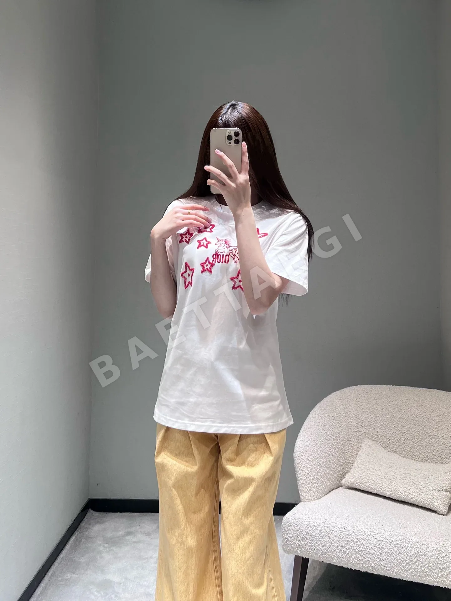 디올 별과 유니콘 자수 여성 반팔 티셔츠 상세 이미지 3