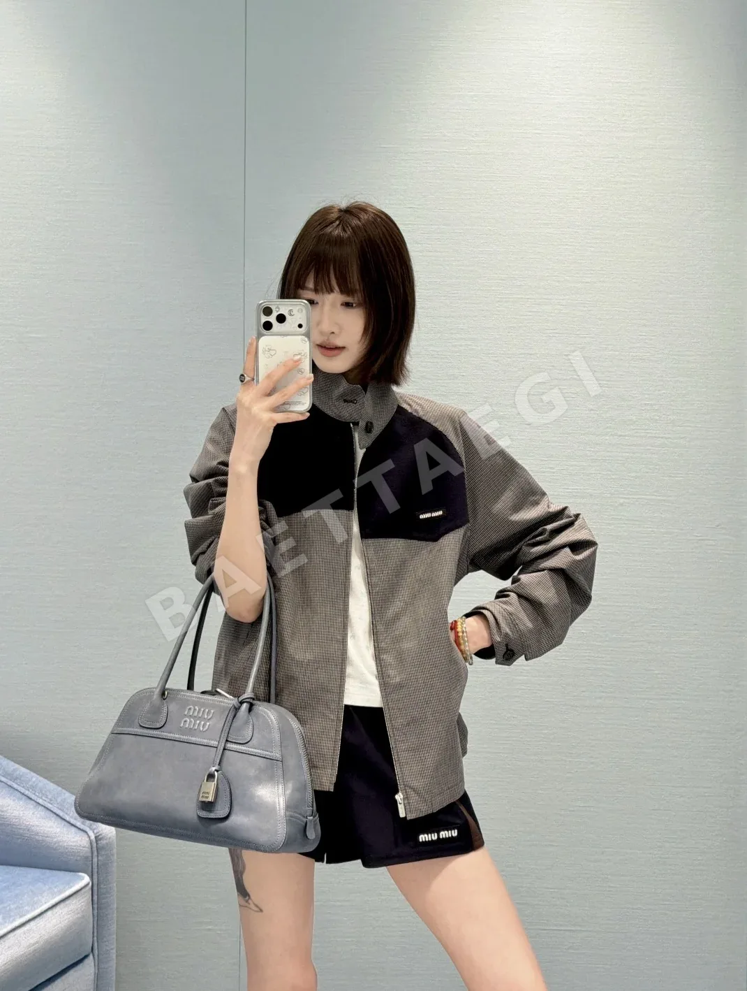 미우미우 체크 패치워크 울 자켓 상세 이미지 4