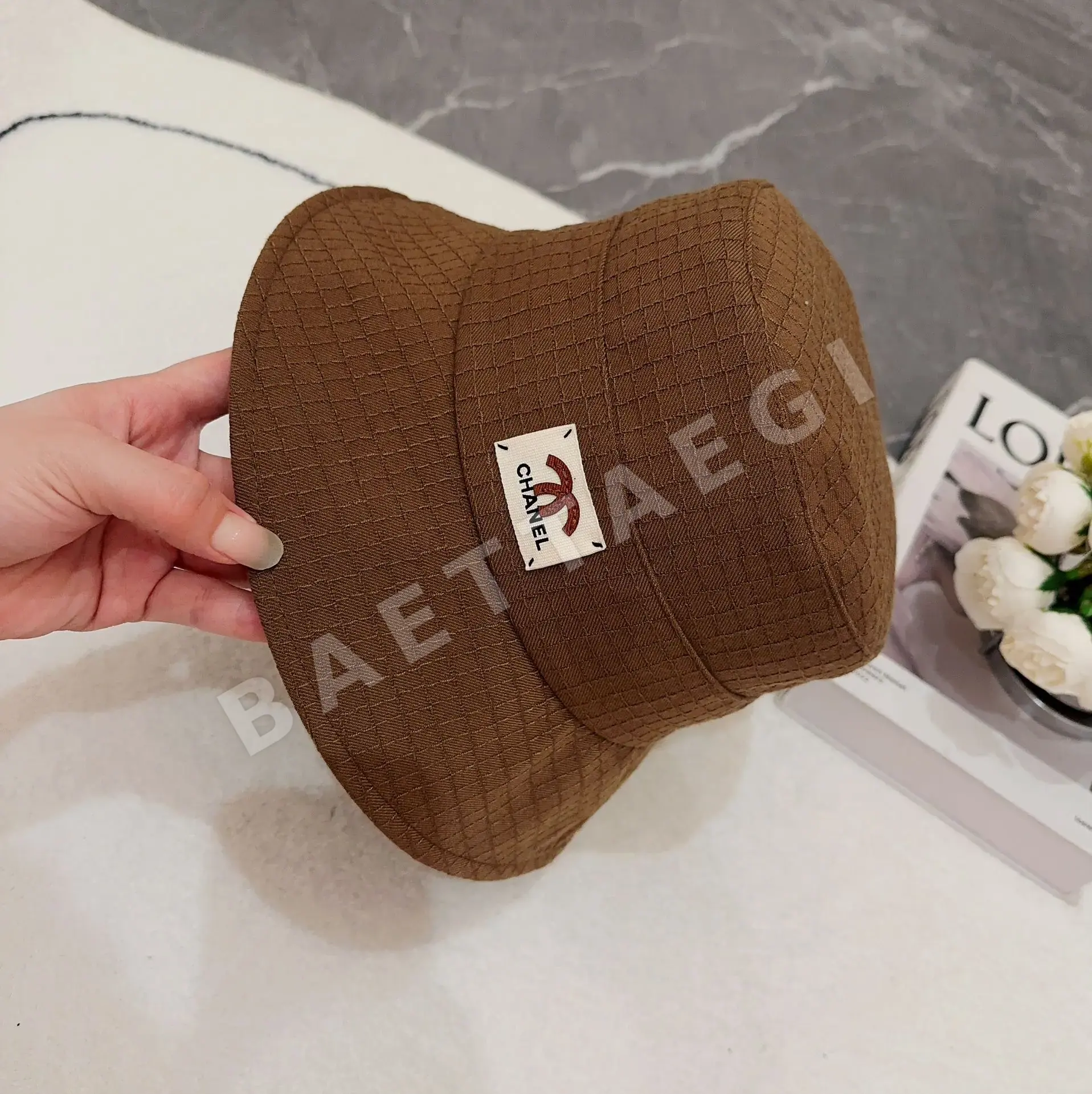 샤넬 바둑판무늬 코튼 버킷 햇 상세 이미지 3