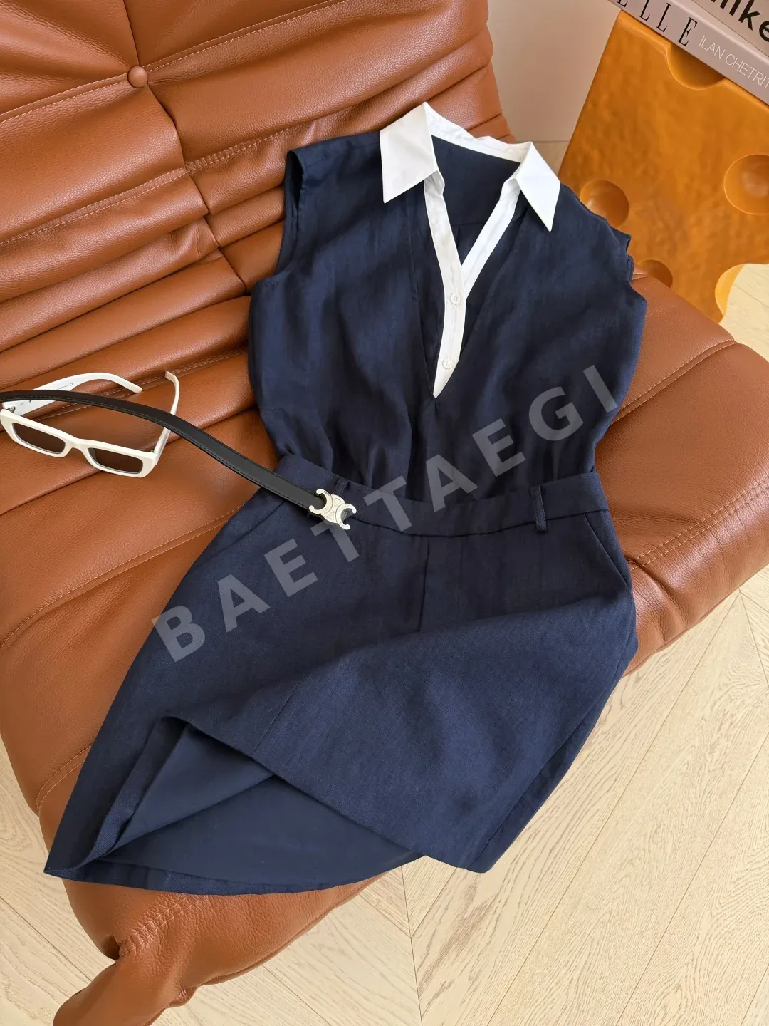셀린느 린넨 컬러 블록 페이크 투피스 원피스 상세 이미지 4