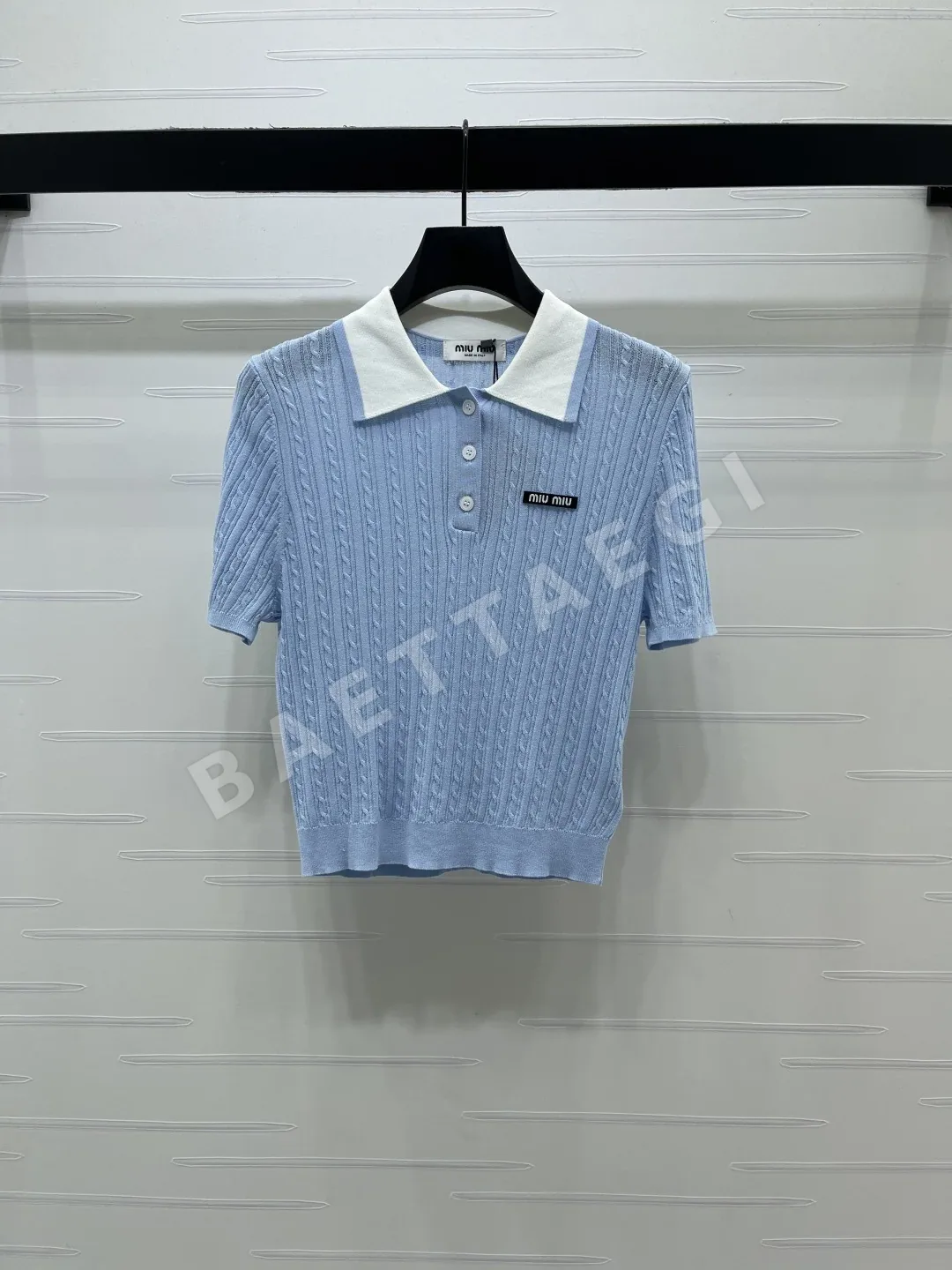 미우미우 컬러 블록 케이블 니트 반팔 탑 101823