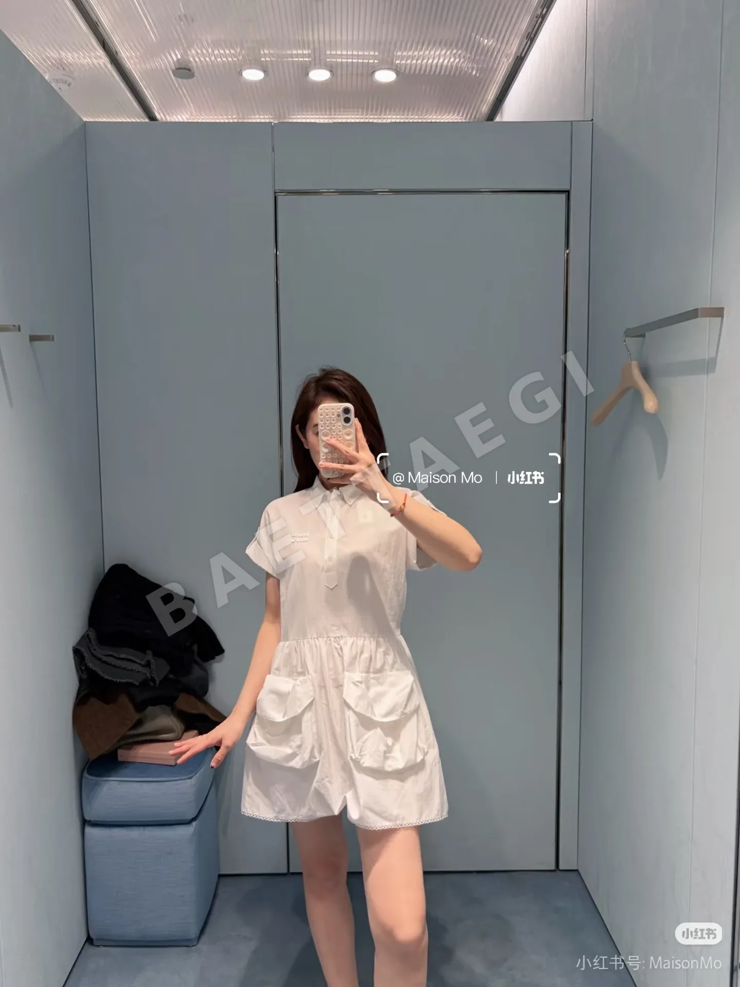 미우미우 로고 자수 포켓 레이스 반팔 원피스 상세 이미지 7