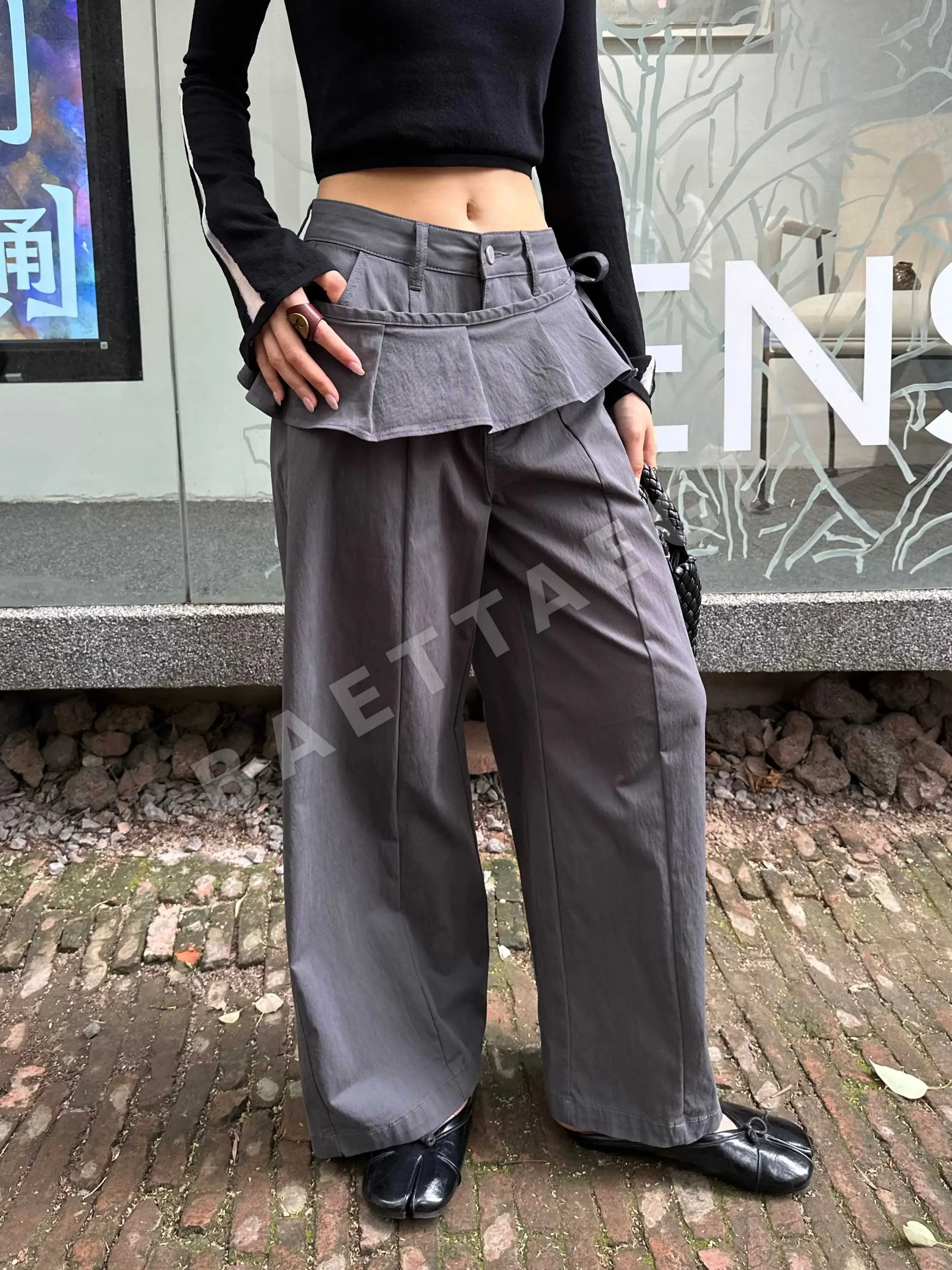 더로우 탈착 프릴 밑단 와이드 여성 바지 상세 이미지 2