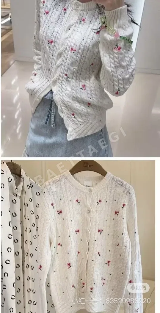 디올 라운드넥 체리 자수 반소매 니트 가디건 상세 이미지 2