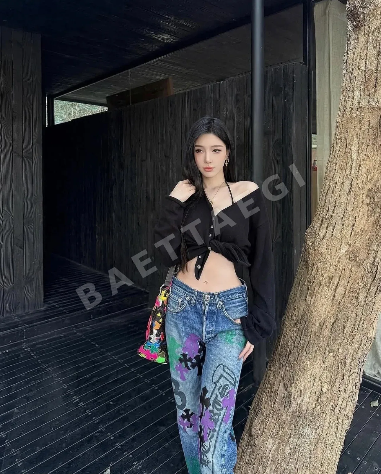 크롬하츠 그린 프린트 데님 남성 바지 상세 이미지 5