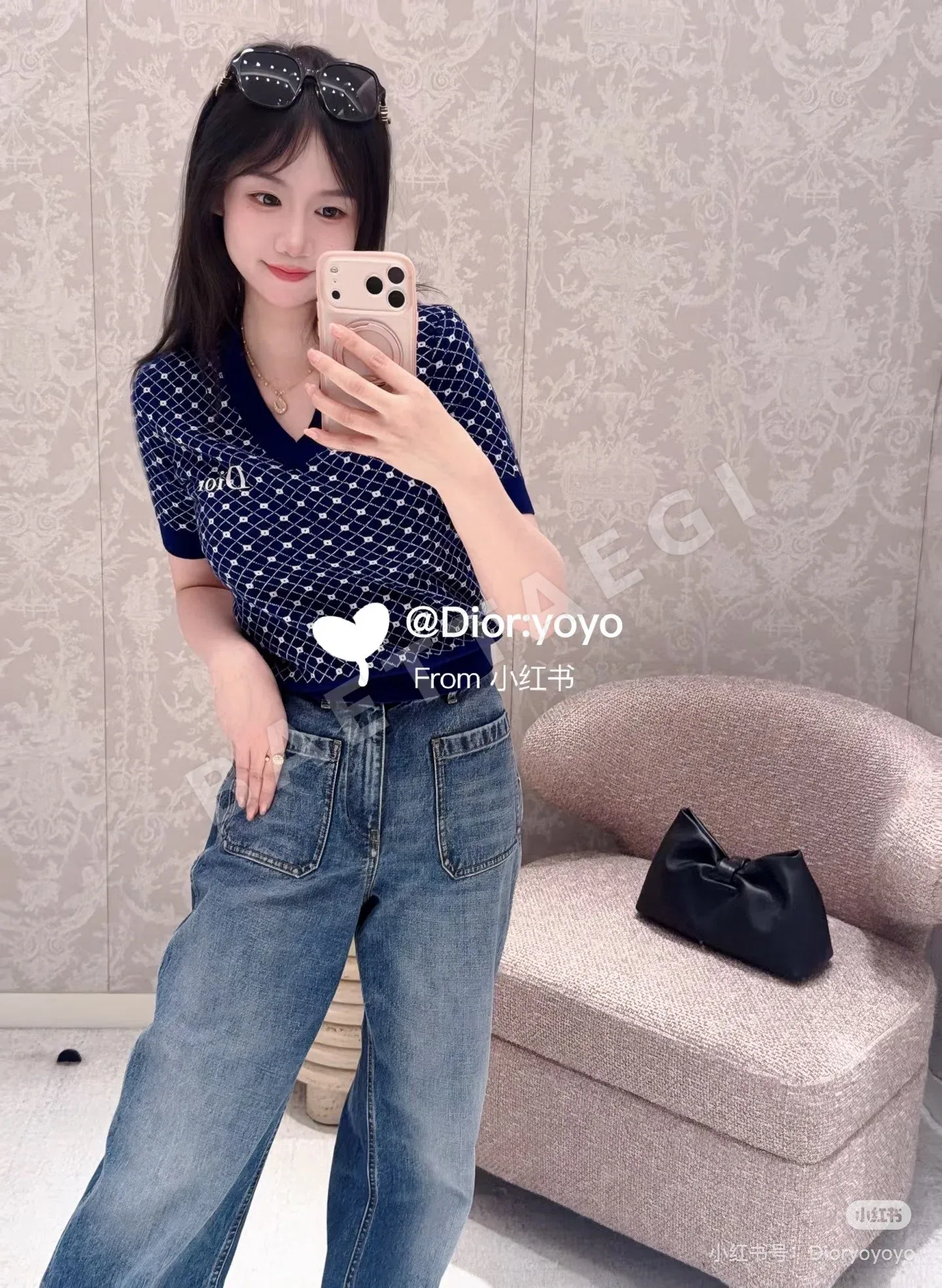 디올 CD로고 다이아몬드 패턴 니트 반팔 티셔츠 상세 이미지 6