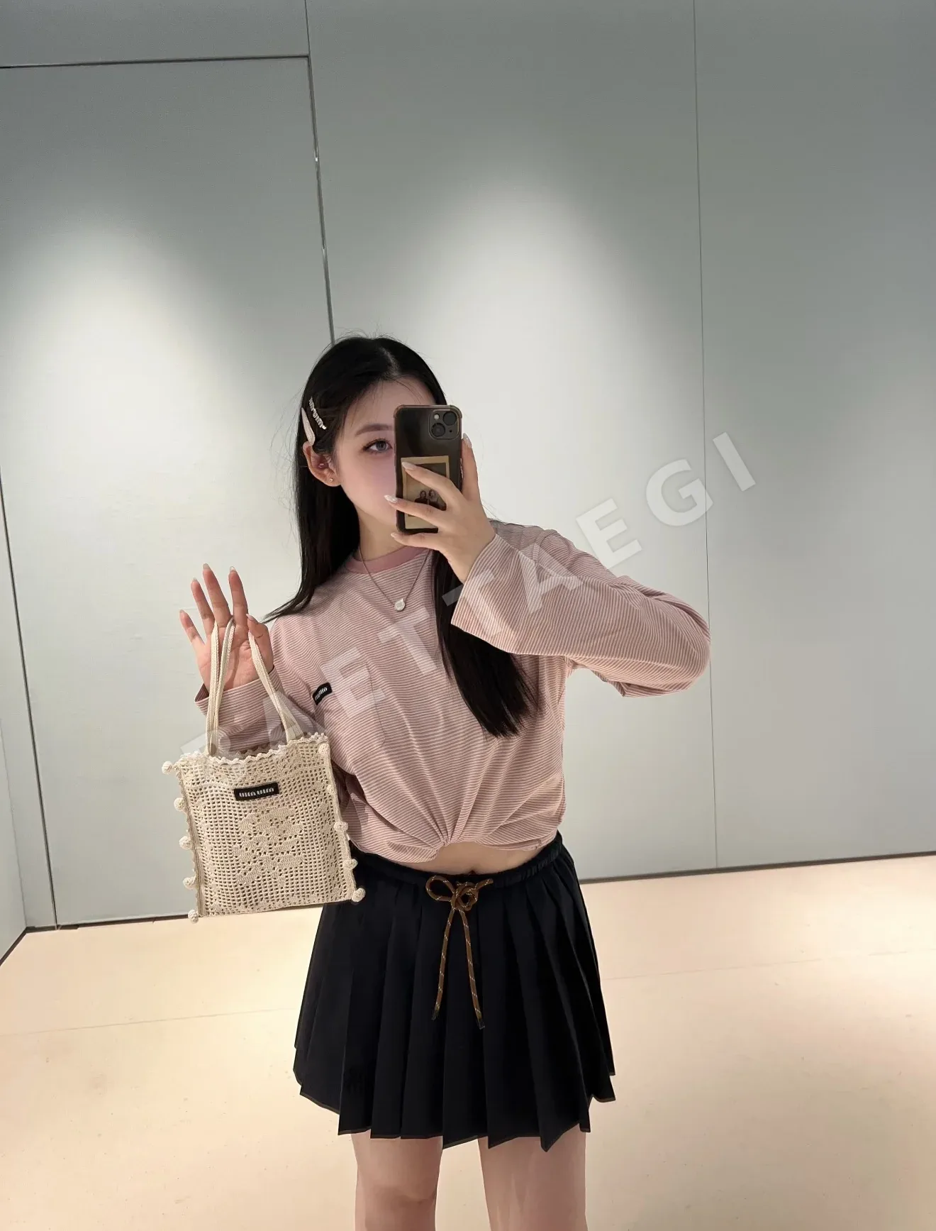 미우미우 핑크 핀스트라이프 코튼 긴팔 티셔츠 상세 이미지 5