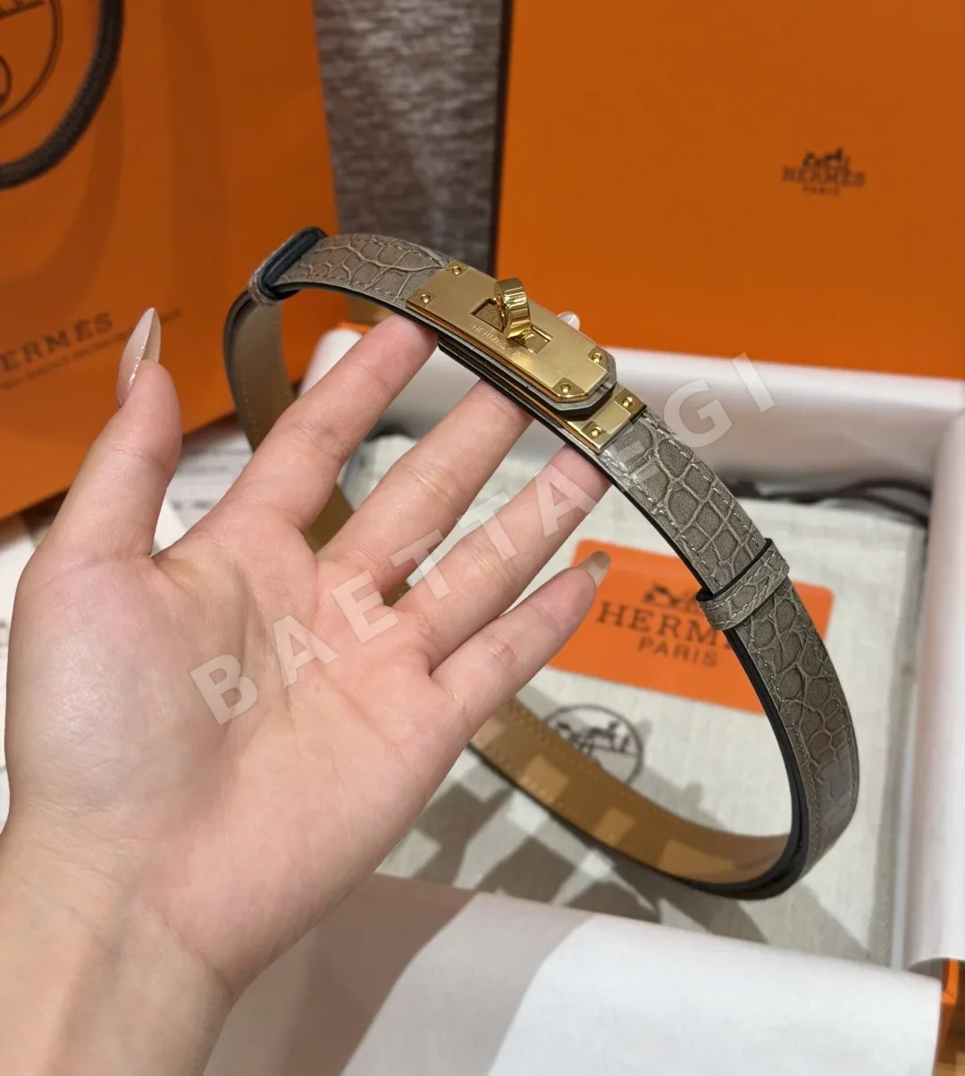 에르메스 켈리 버클 크로커다일 엠보싱 가죽 벨트 176569