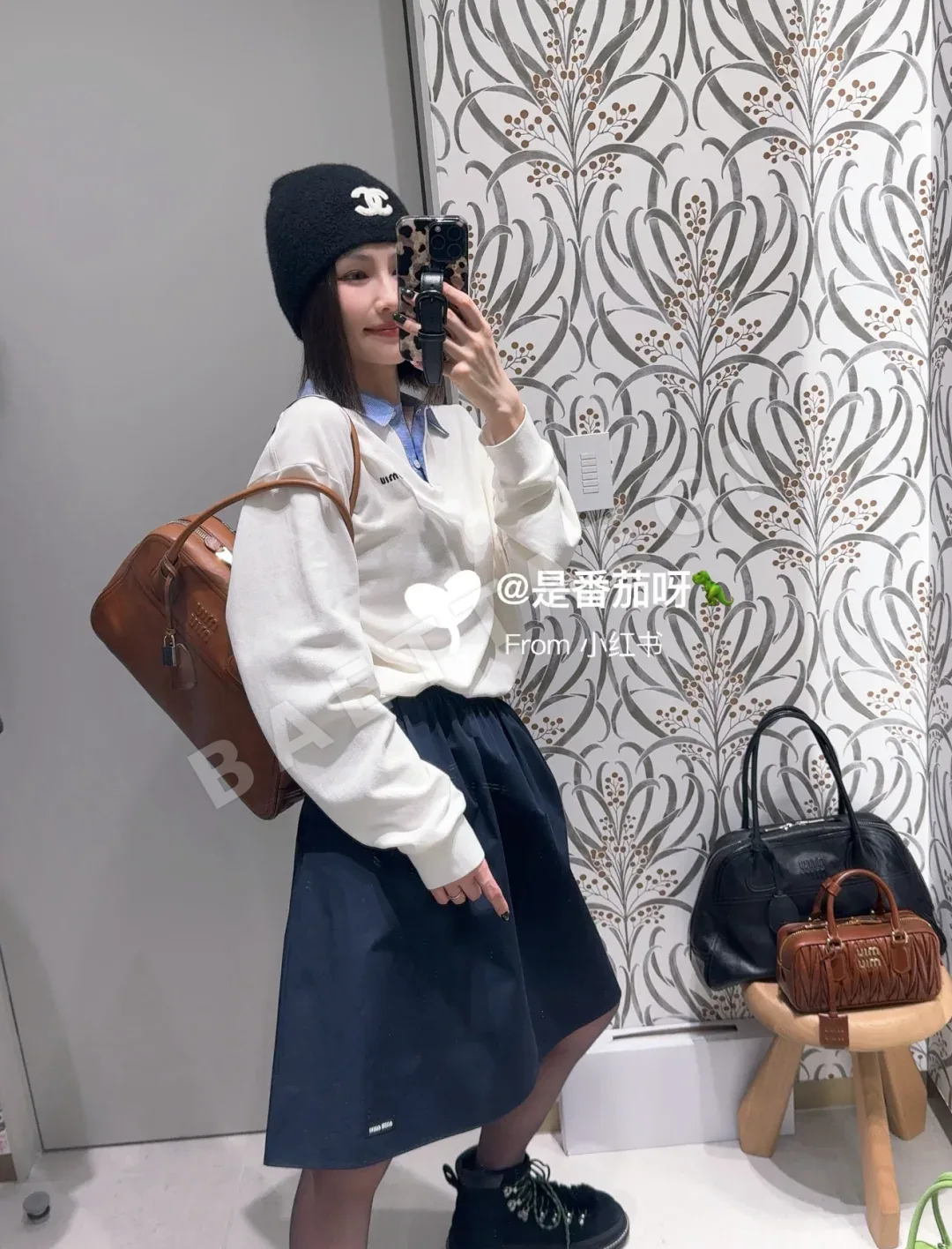 미우미우 체크 패턴 패치워크 긴팔 폴로셔츠 상세 이미지 4