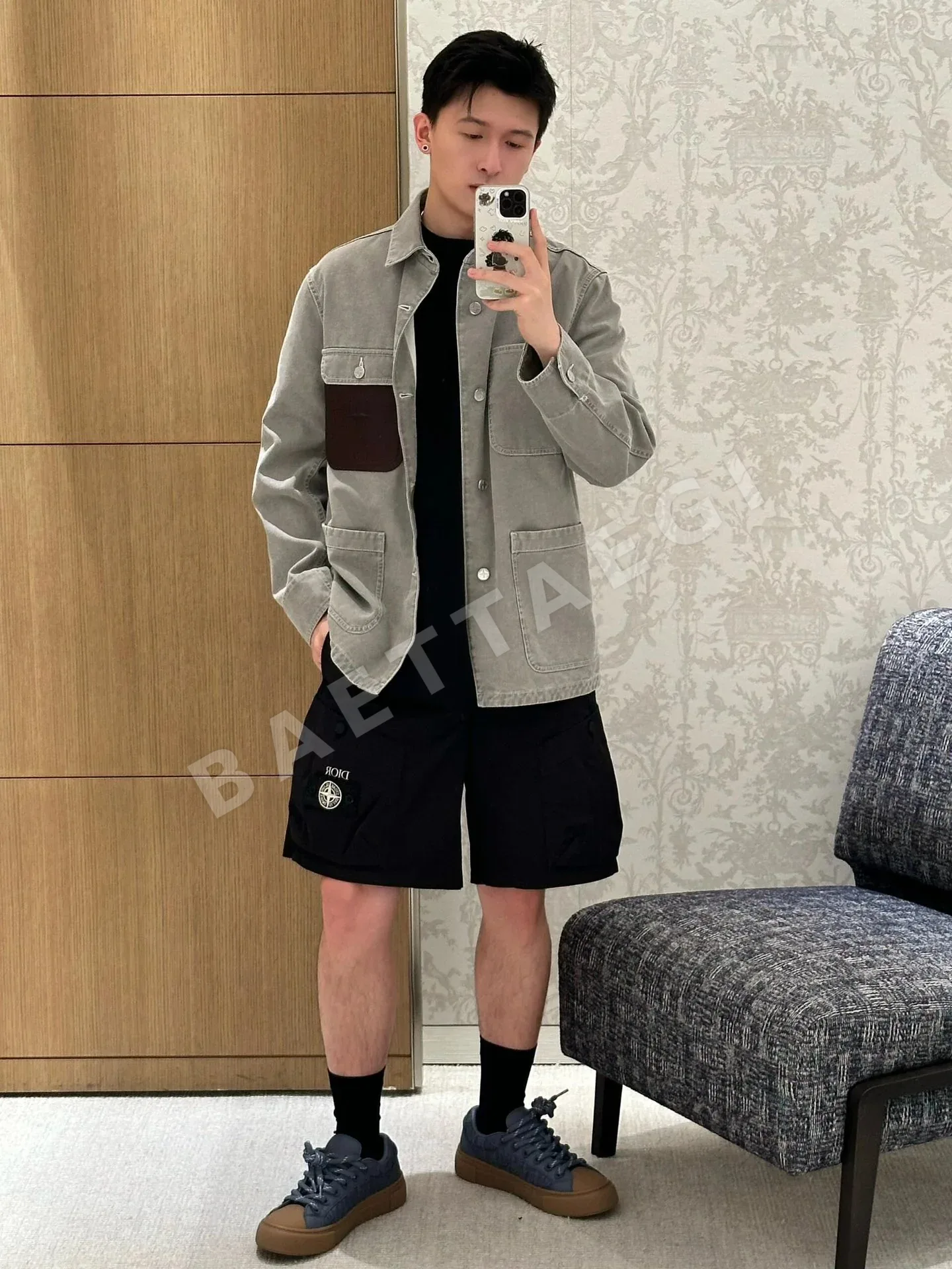 스톤아일랜드 자수 로고 코튼 혼방 새틴 남성 반바지 상세 이미지 7