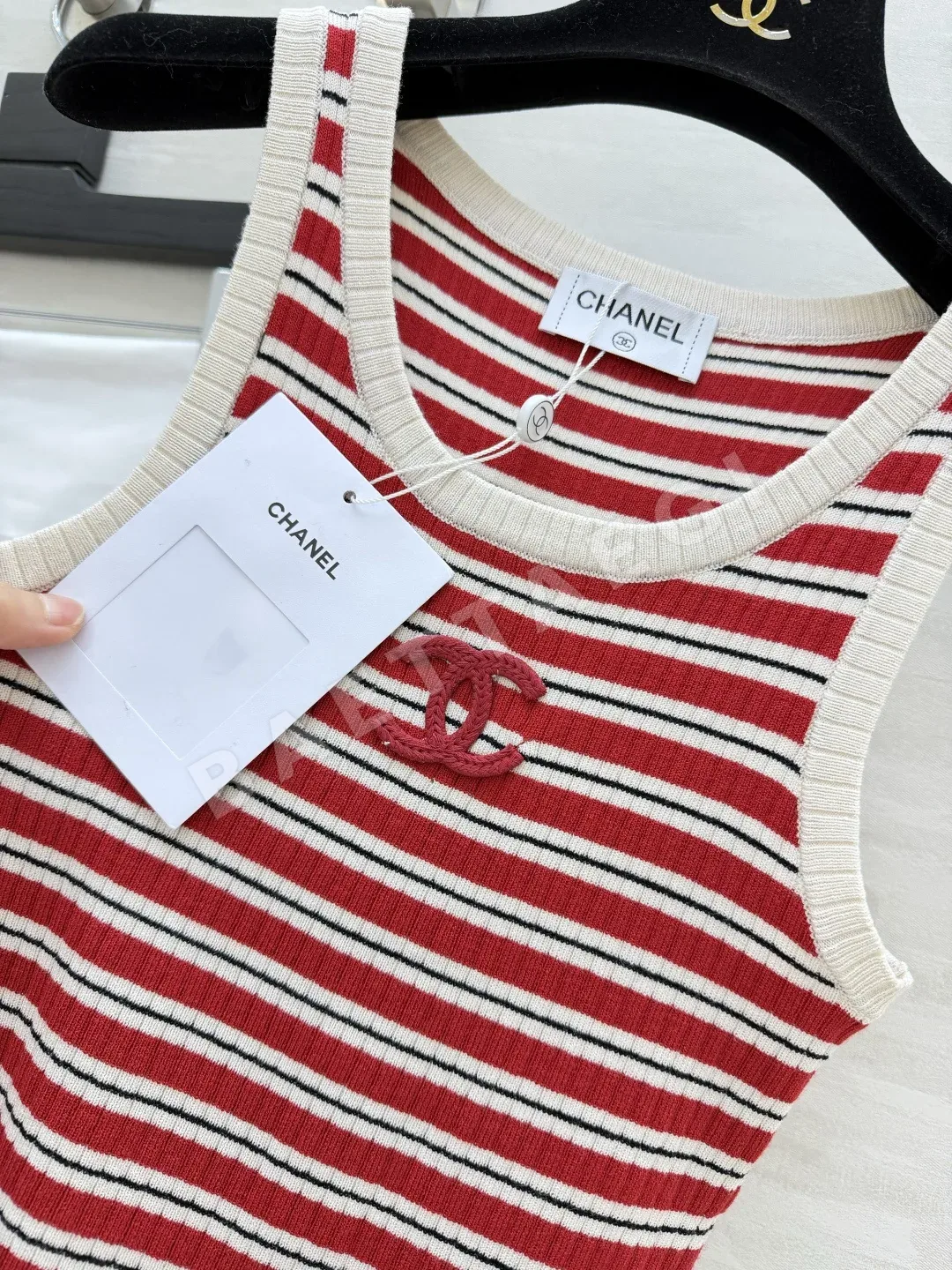 샤넬 스트라이프 자수 반팔 니트 베스트 상세 이미지 2