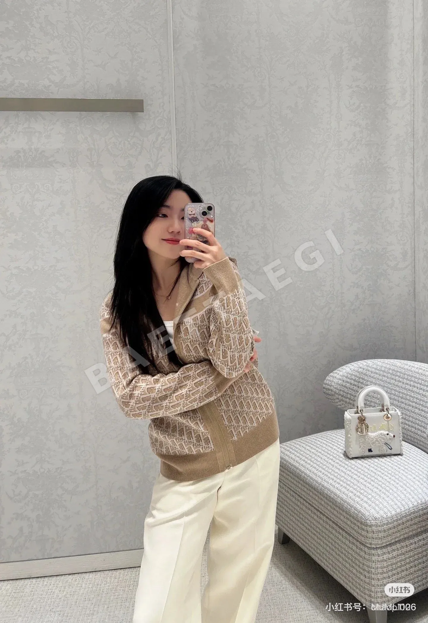 디올 스트라이프 후드 울 코트 팬츠 세트 상세 이미지 4