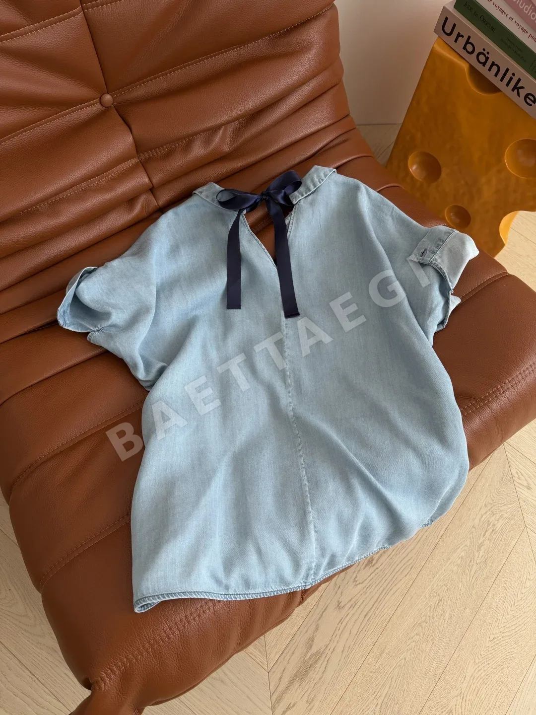 생로랑 여성 라이트 블루 데님 반팔 티셔츠 상세 이미지 7
