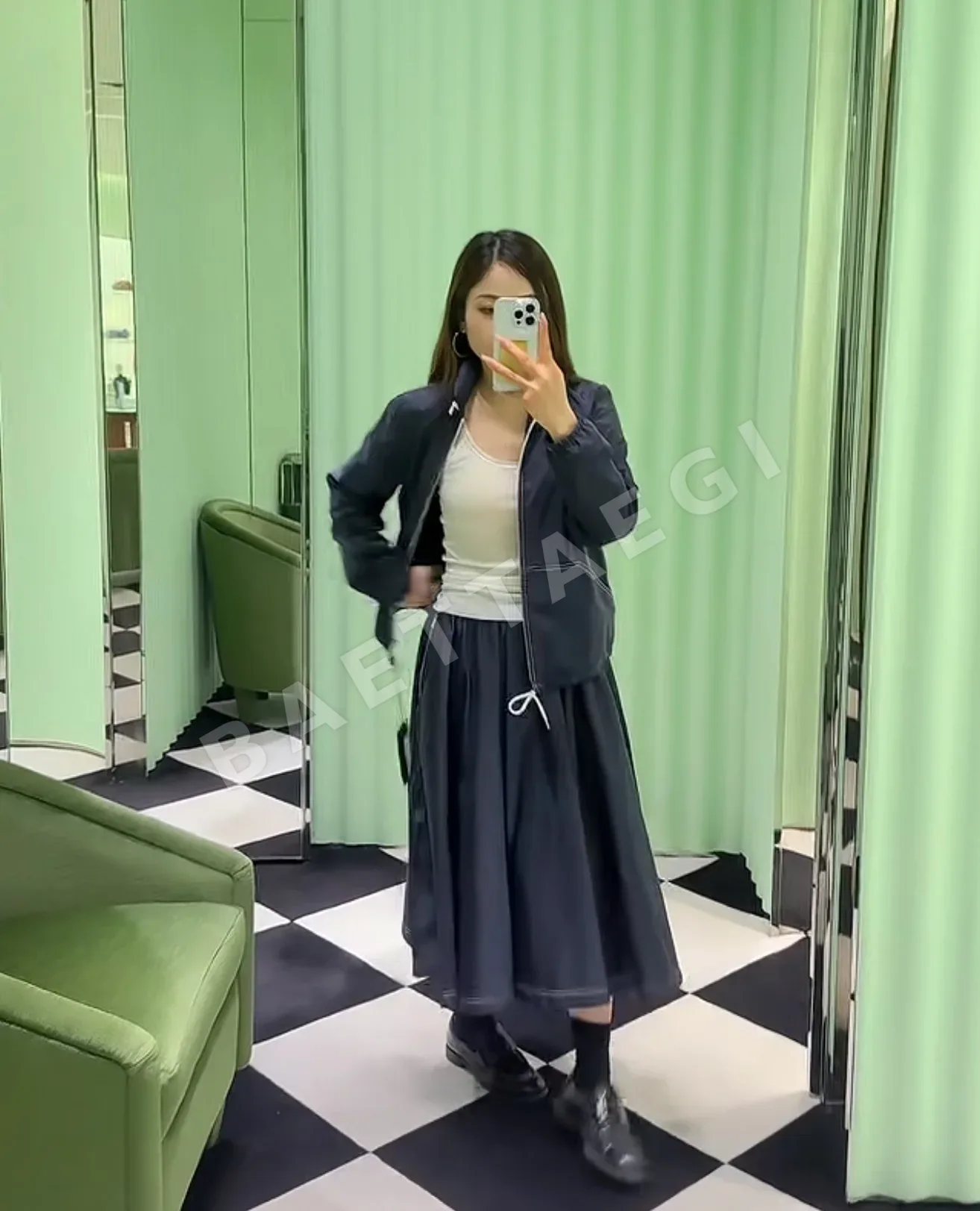 프라다 리사이클 나일론 딥블루 A라인 스커트 상세 이미지 2