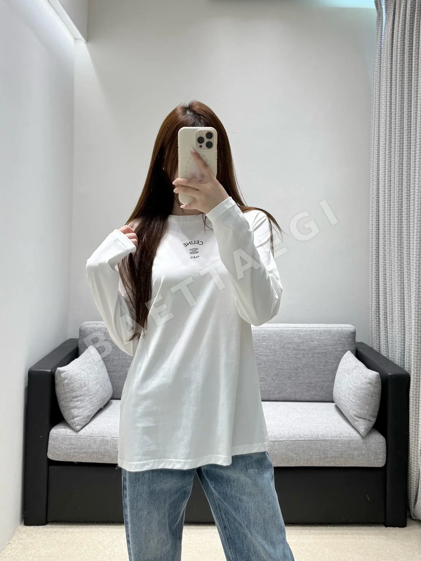 셀린느 블랙 화이트 크루넥 긴팔 티셔츠 상세 이미지 7