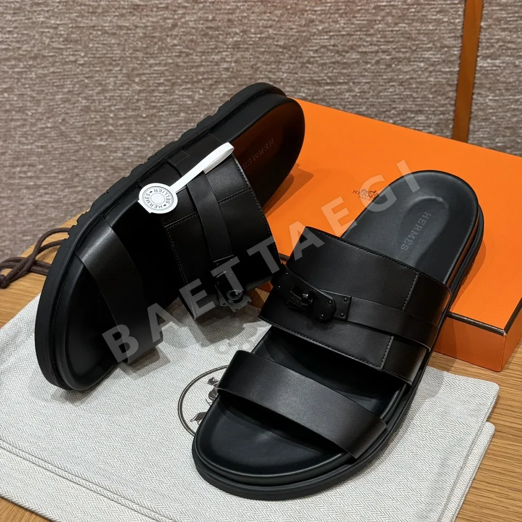 에르메스 잭슨 샌들 블랙 가죽 검정 버튼 상세 이미지 4