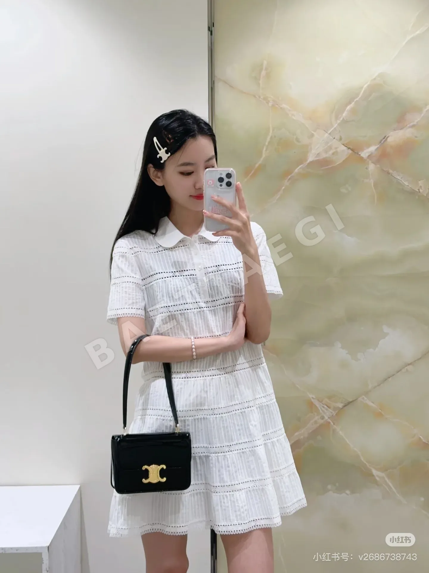 셀린느 레이스 펀칭 패치워크 반팔 원피스 상세 이미지 6