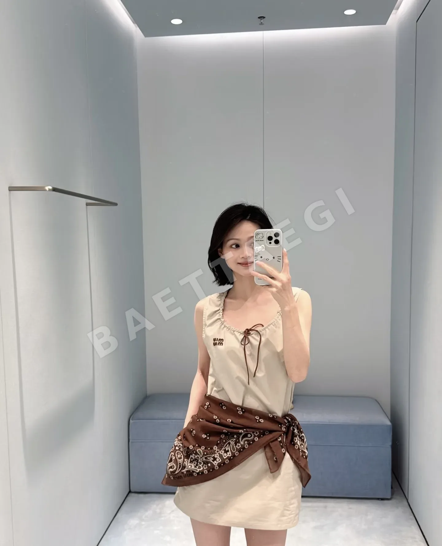 미우미우 카키 드로스트링 민소매 미니 원피스 상세 이미지 4