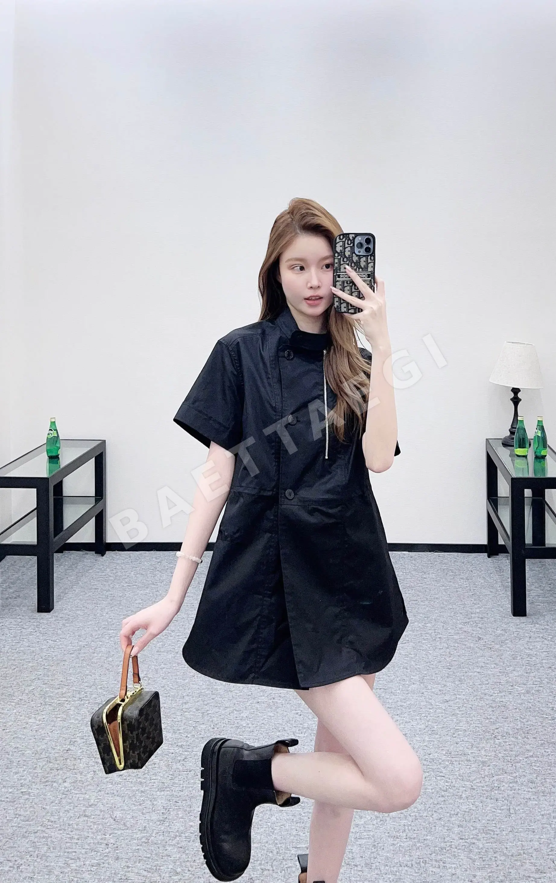 에르메스 스탠드 카라 반소매 코튼 원피스 상세 이미지 4