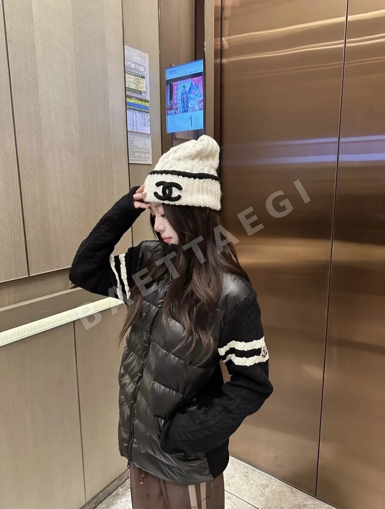 샤넬 더블 C 로고 케이블 니트 모자 185692