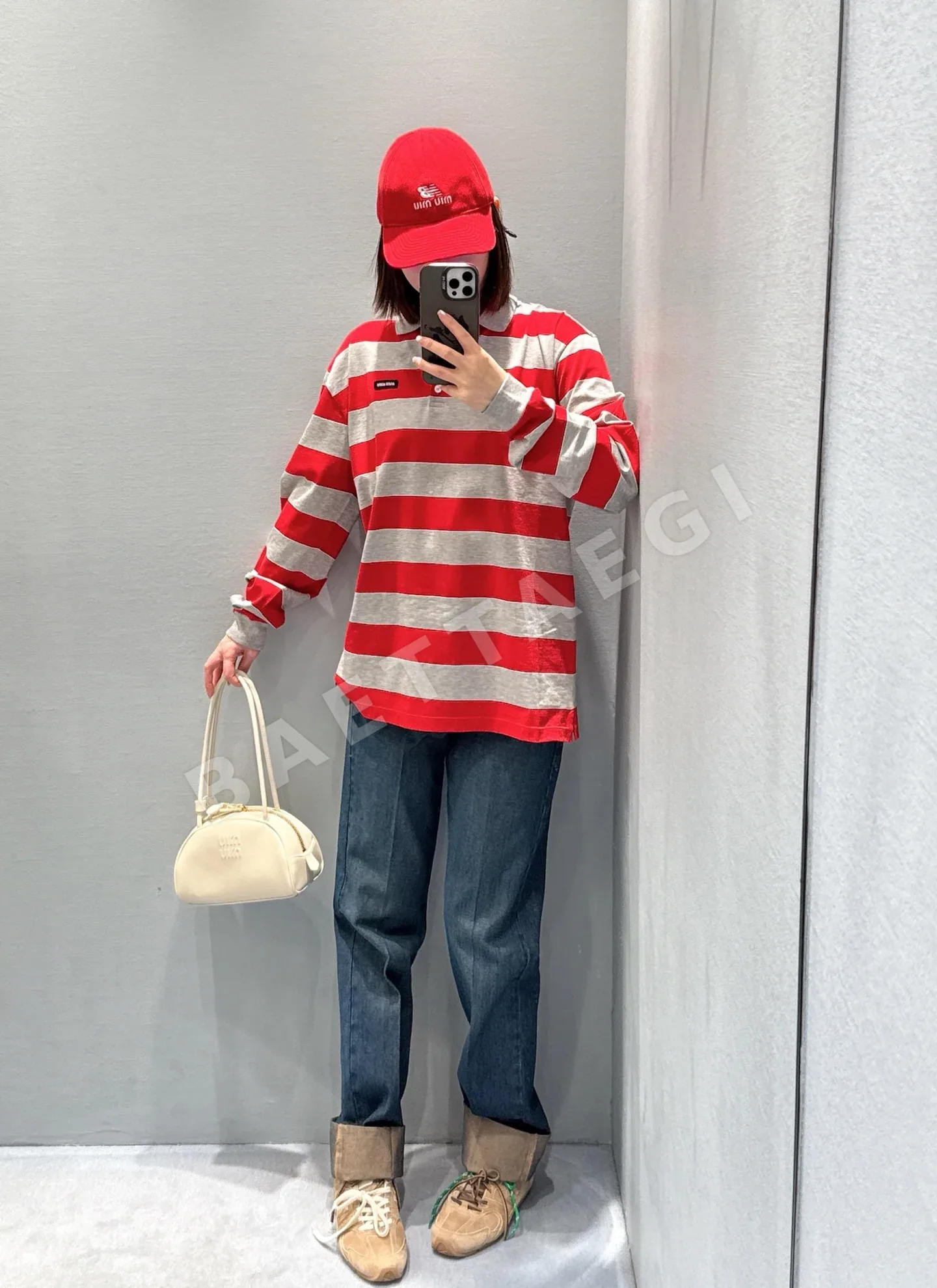 미우미우 컬러 블록 스트라이프 긴팔 폴로셔츠 상세 이미지 2