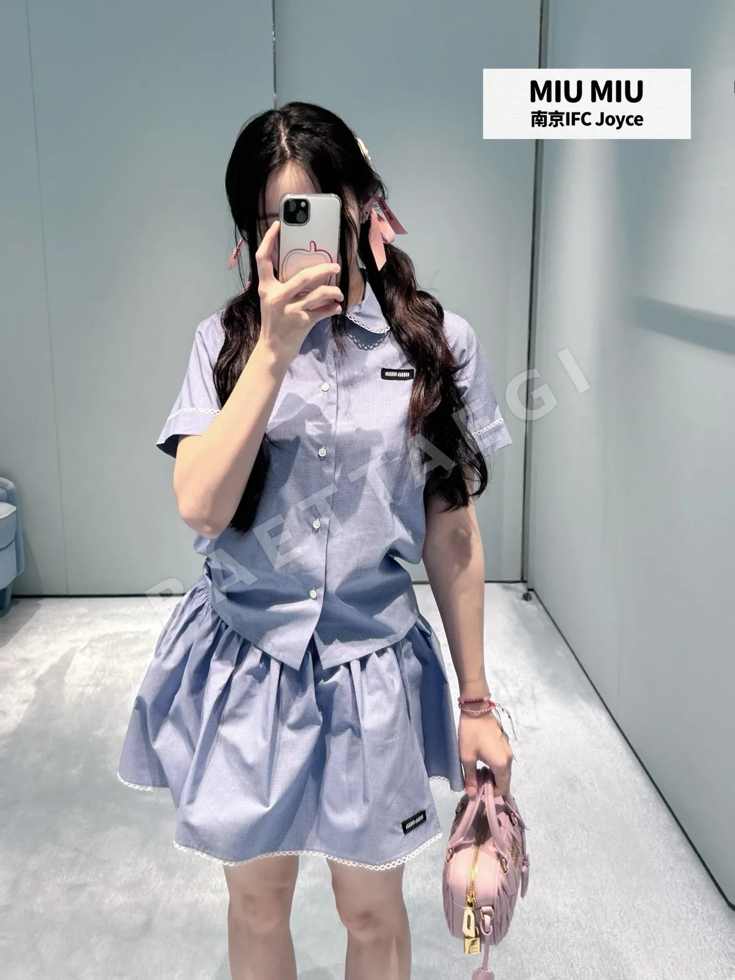 미우미우 블루 체크 피터팬 카라 반팔 셔츠 스커트 세트 상세 이미지 6