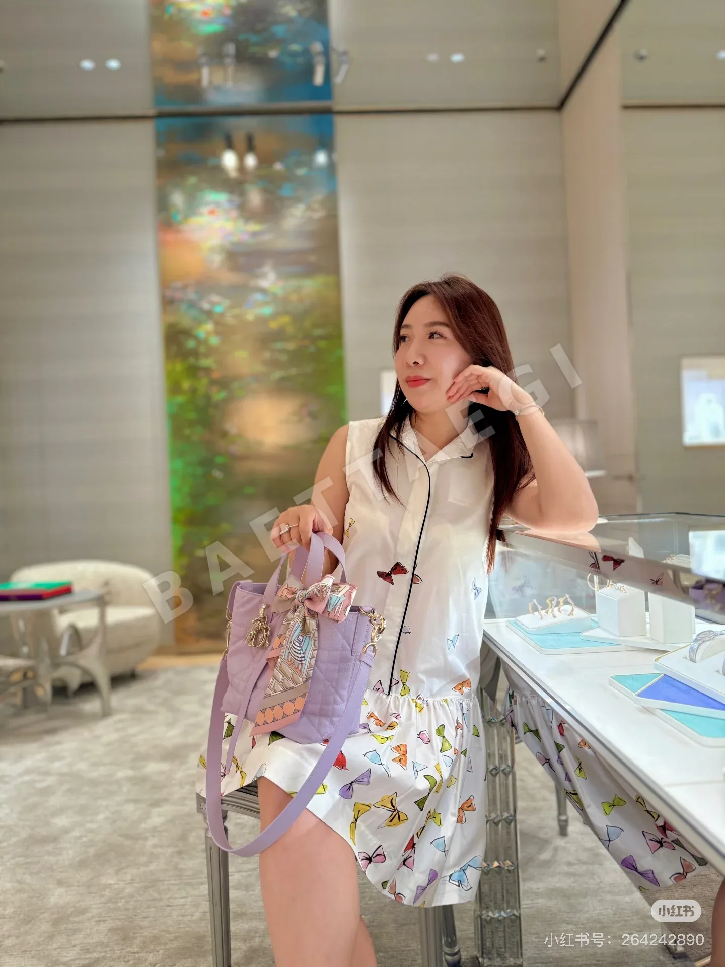 디올 나비 무늬 스탠드 카라 조끼 원피스 상세 이미지 4