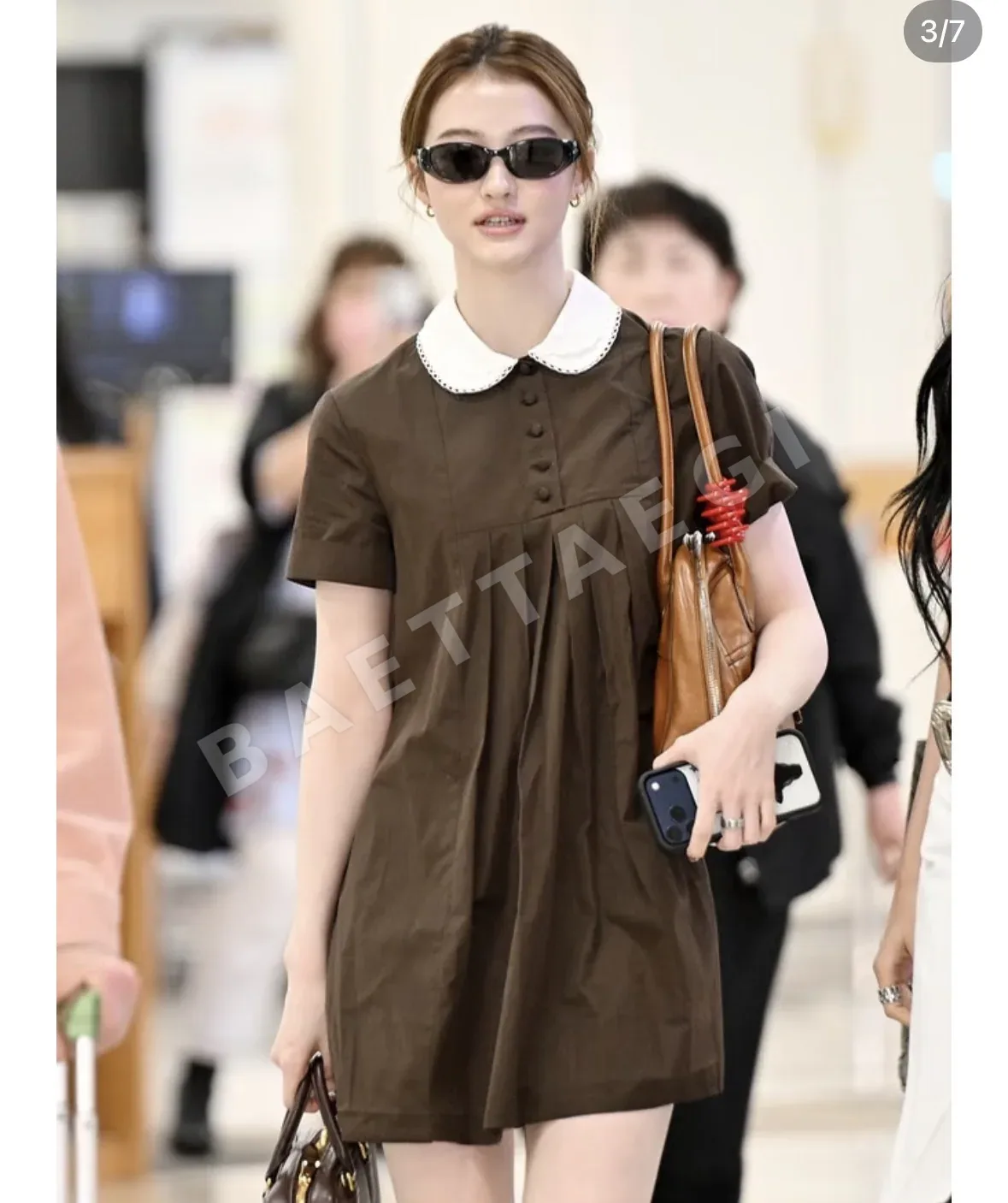 미우미우 브라운 피터팬카라 플리츠 원피스 상세 이미지 9