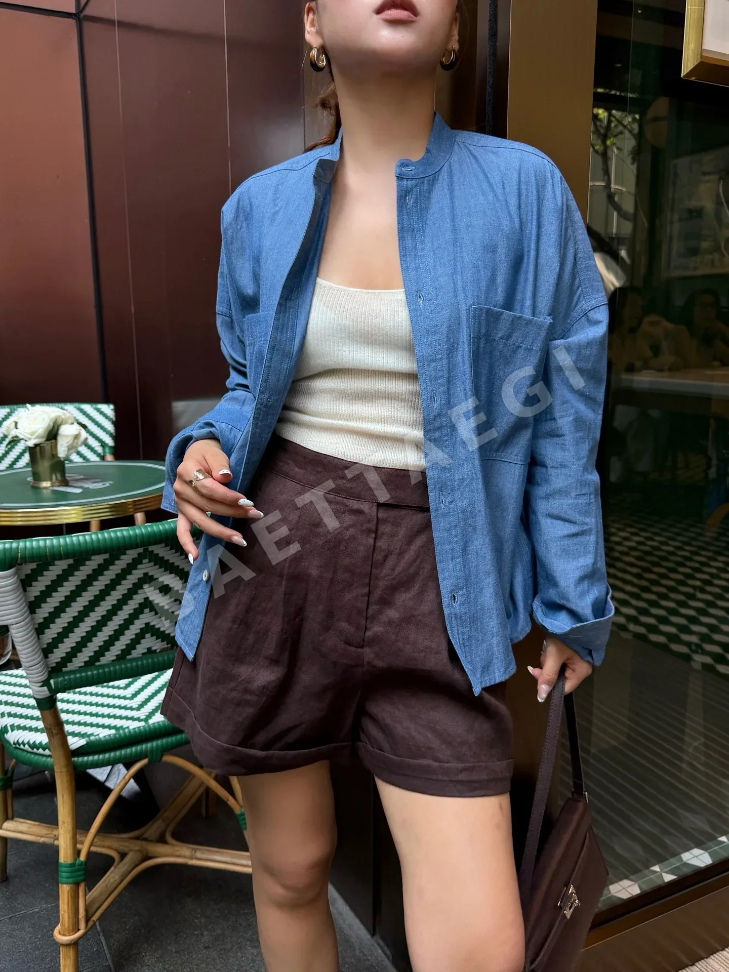 로로피아나 스탠드 카라 데님 여성 셔츠 상세 이미지 5