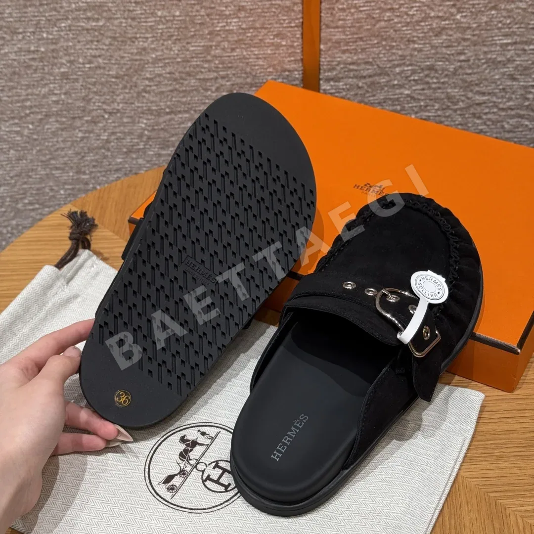 에르메스 키 뮬 샌들 검정 가죽 실버 하드웨어 상세 이미지 7