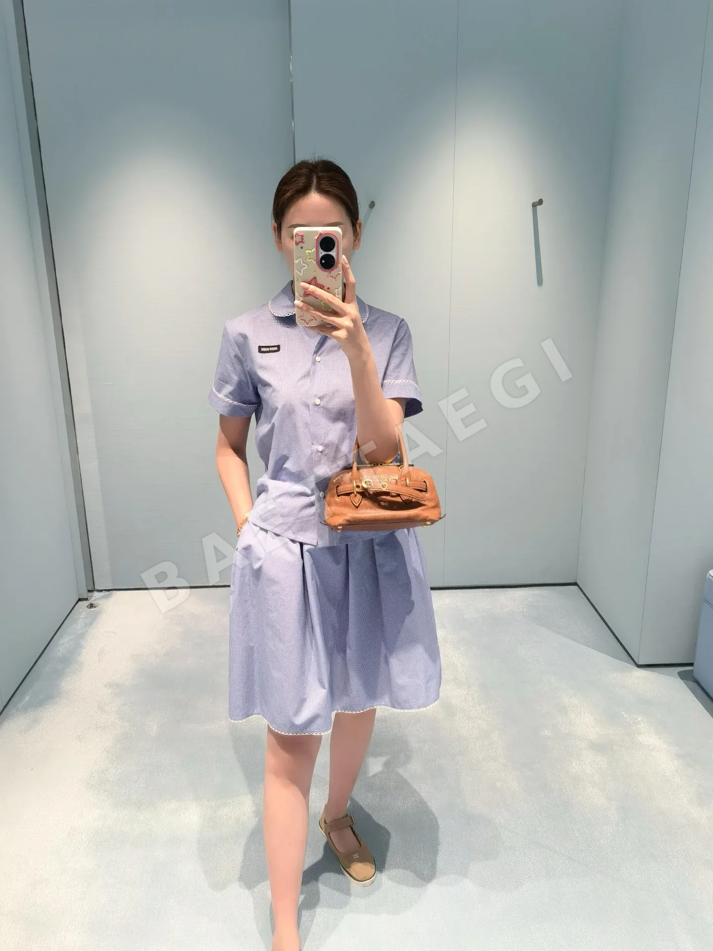 미우미우 블루 체크 피터팬 카라 반팔 셔츠 스커트 세트 상세 이미지 3