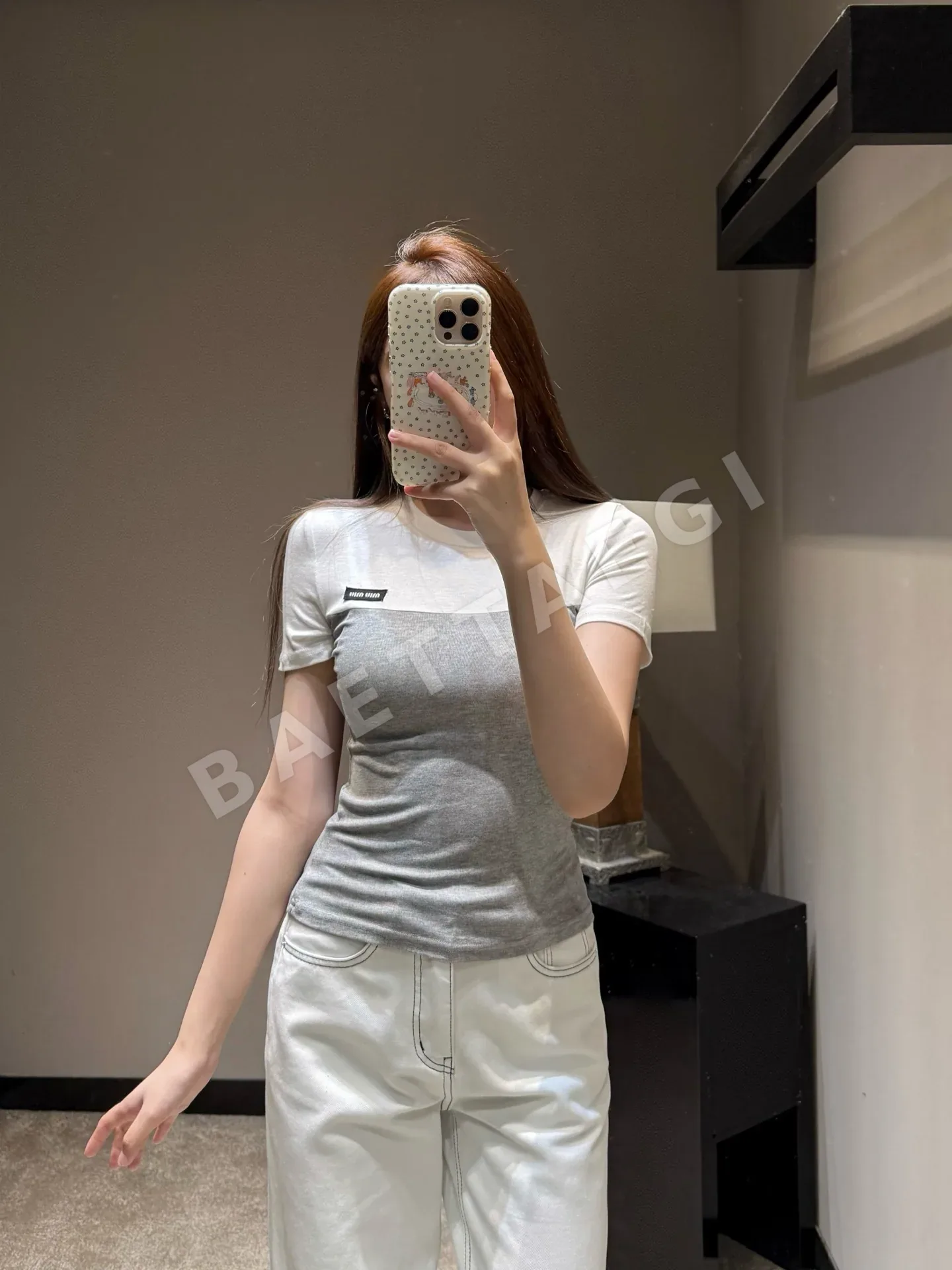 미우미우 컬러 블록 코튼 반팔 티셔츠 상세 이미지 7
