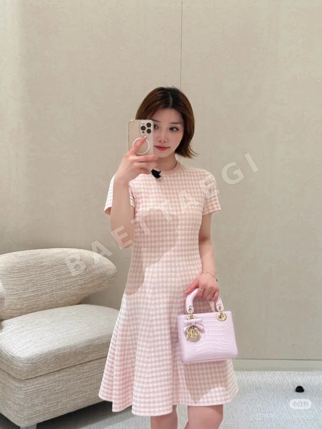 디올 벚꽃핑크 체크 패턴 리본 원피스 상세 이미지 8