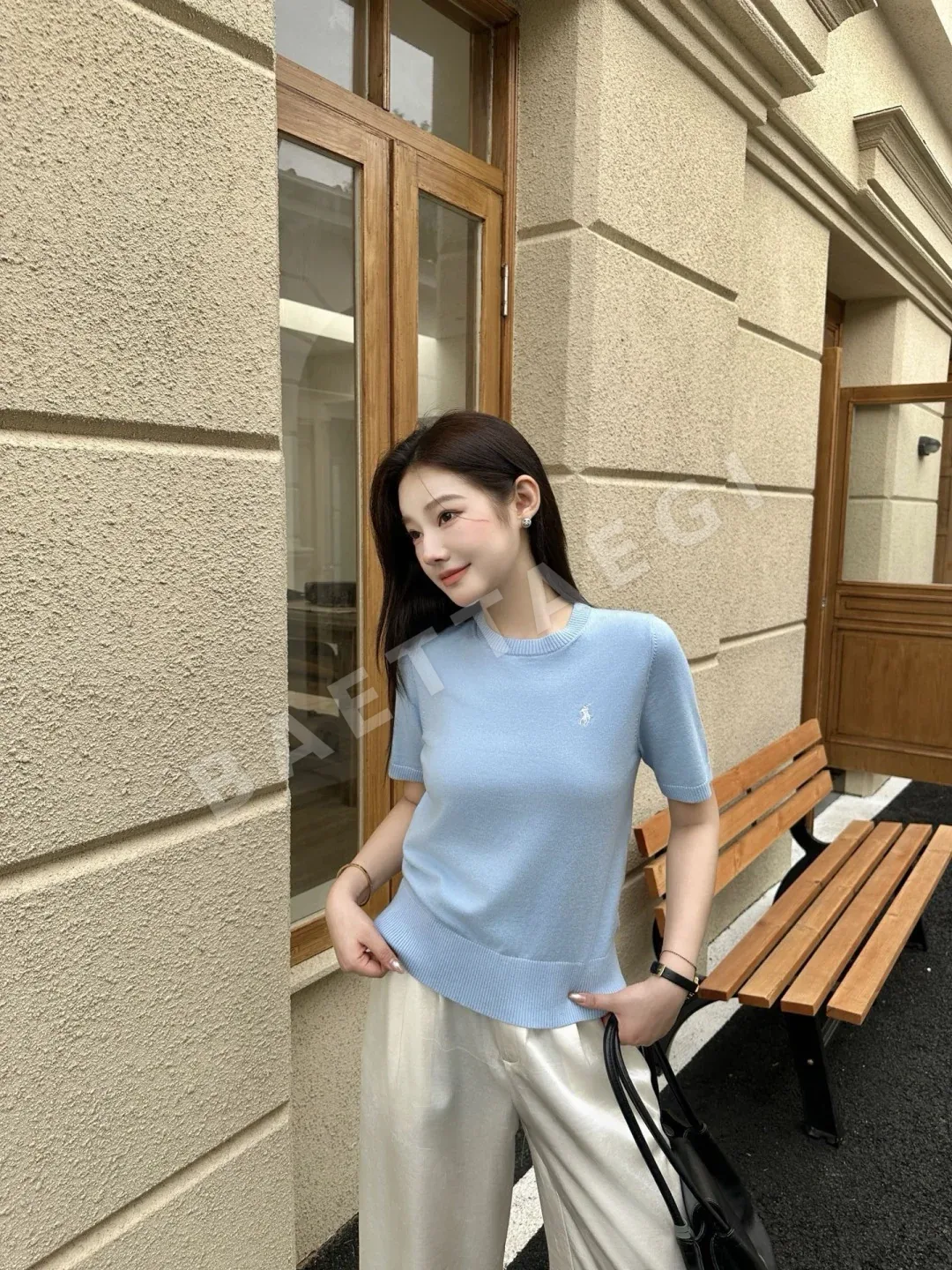 폴로 여성 포니 자수 코튼 반팔 니트 탑 상세 이미지 2