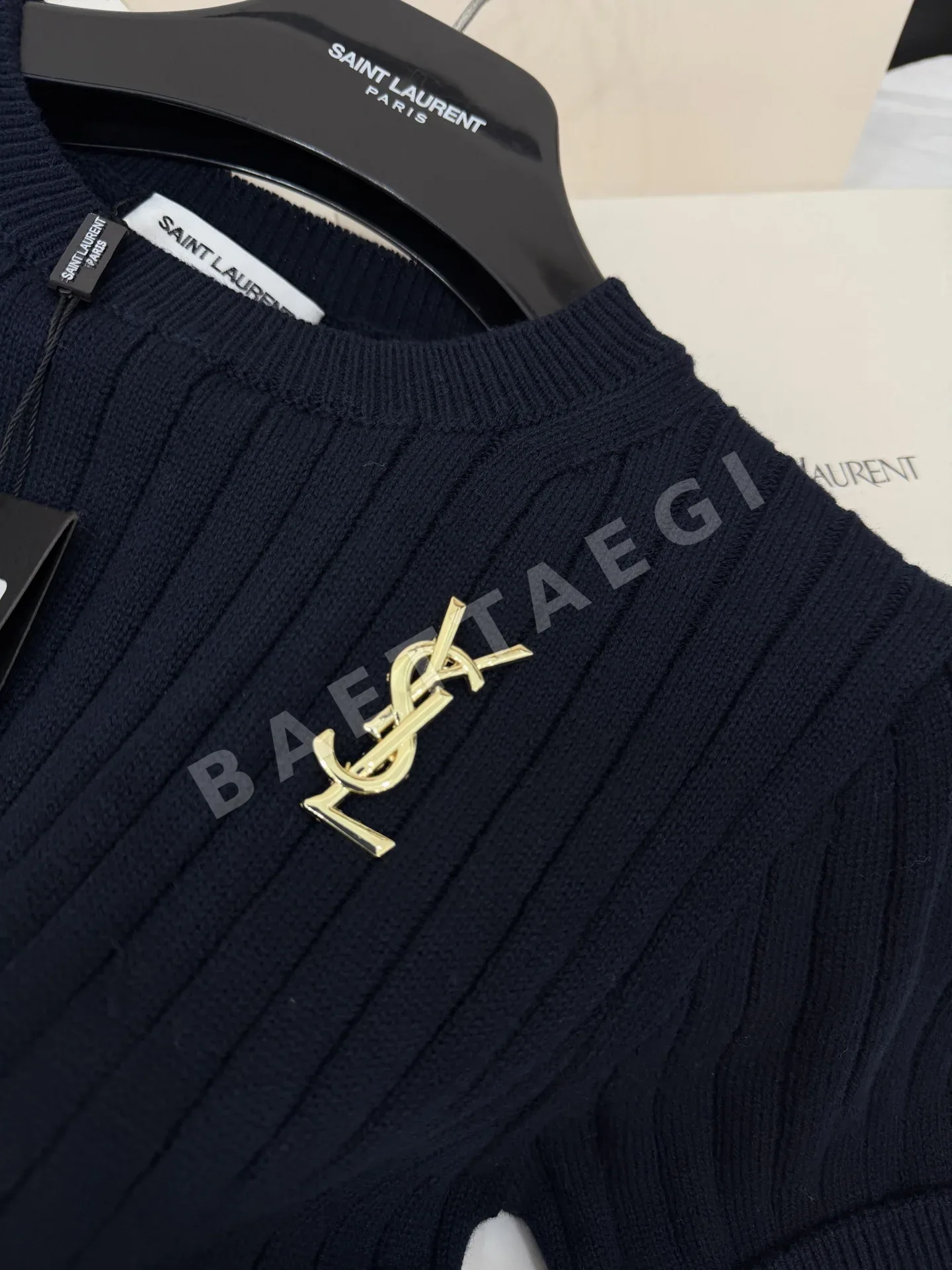 생로랑 네이비 블루 골드 라벨 니트 반팔 티셔츠 상세 이미지 6