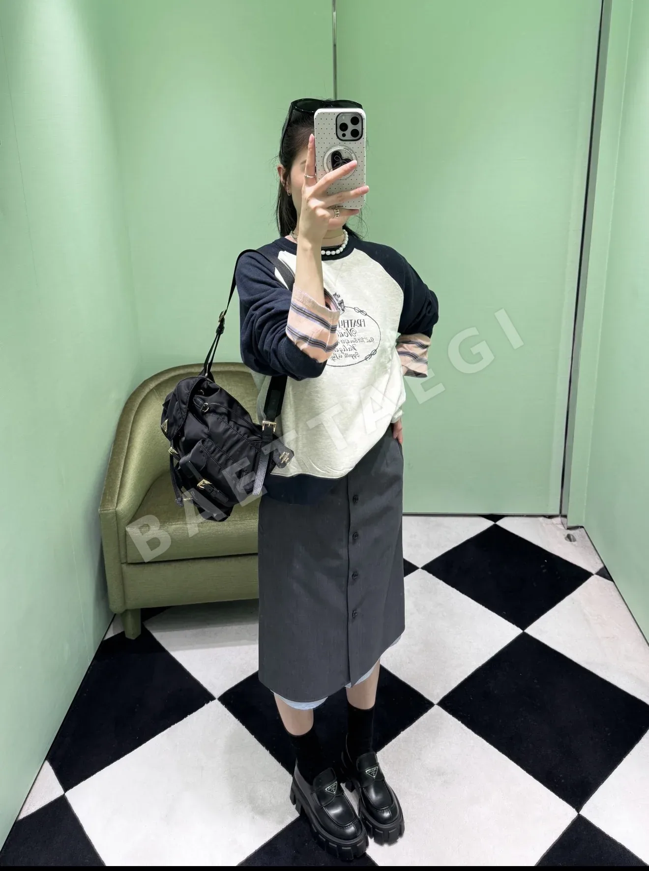 프라다 컬러 블록 코튼 크루넥 긴팔 티셔츠 상세 이미지 3