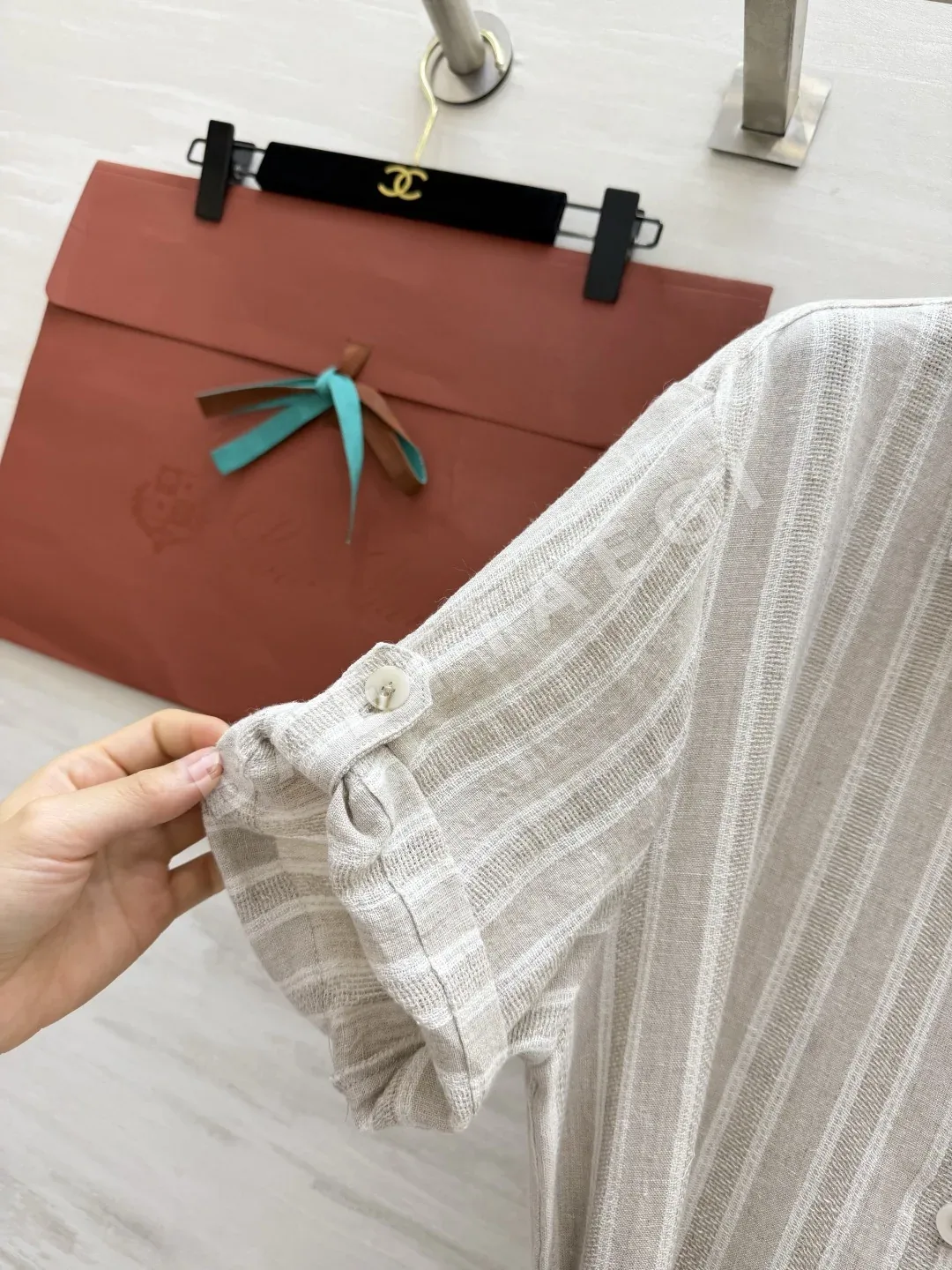 로로피아나 내추럴 세로 스트라이프 린넨 여성 원피스 상세 이미지 7