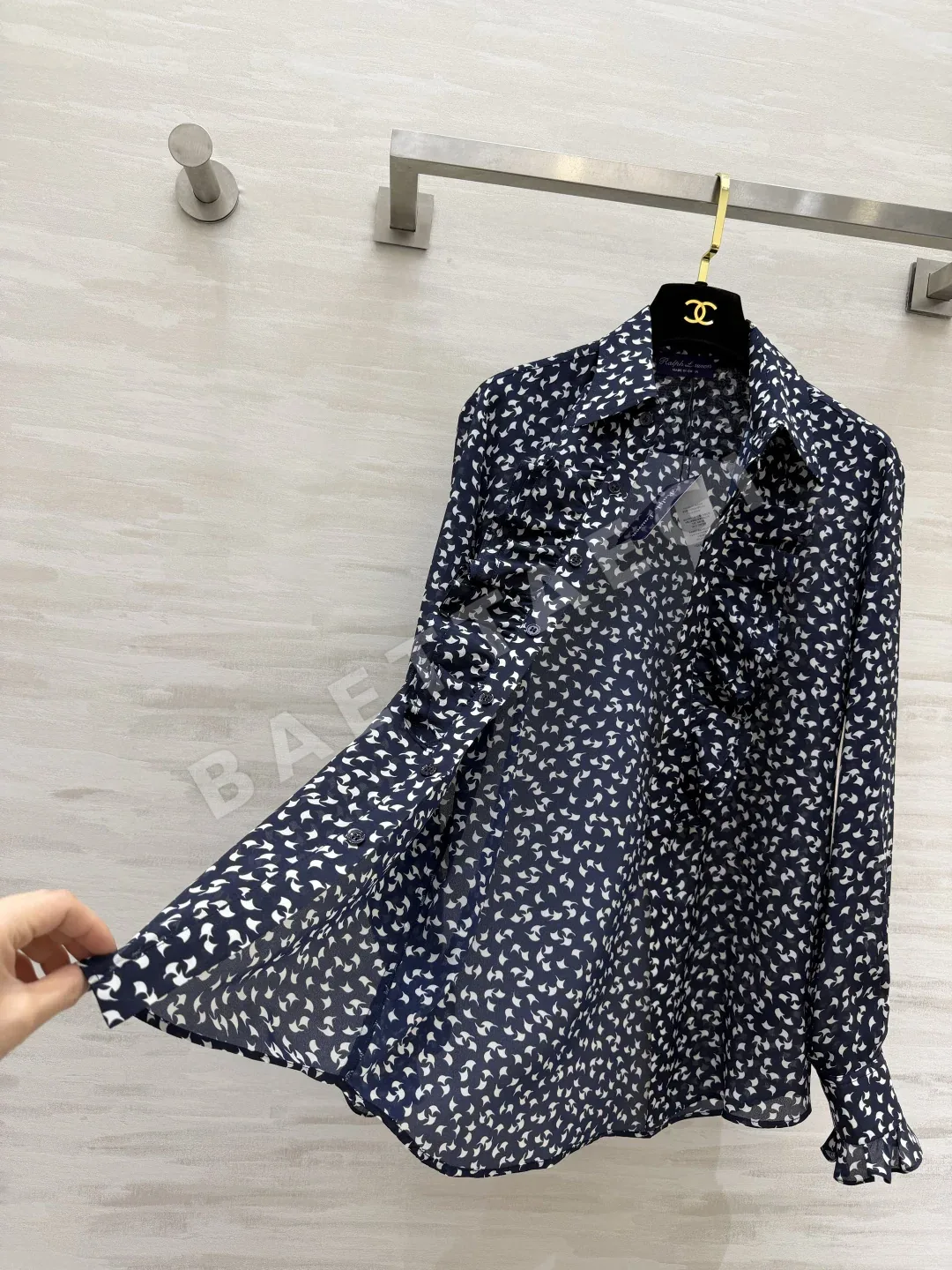 폴로 퍼플 레이블 네이비 블루 꽃무늬 프릴 실크 셔츠 상세 이미지 5